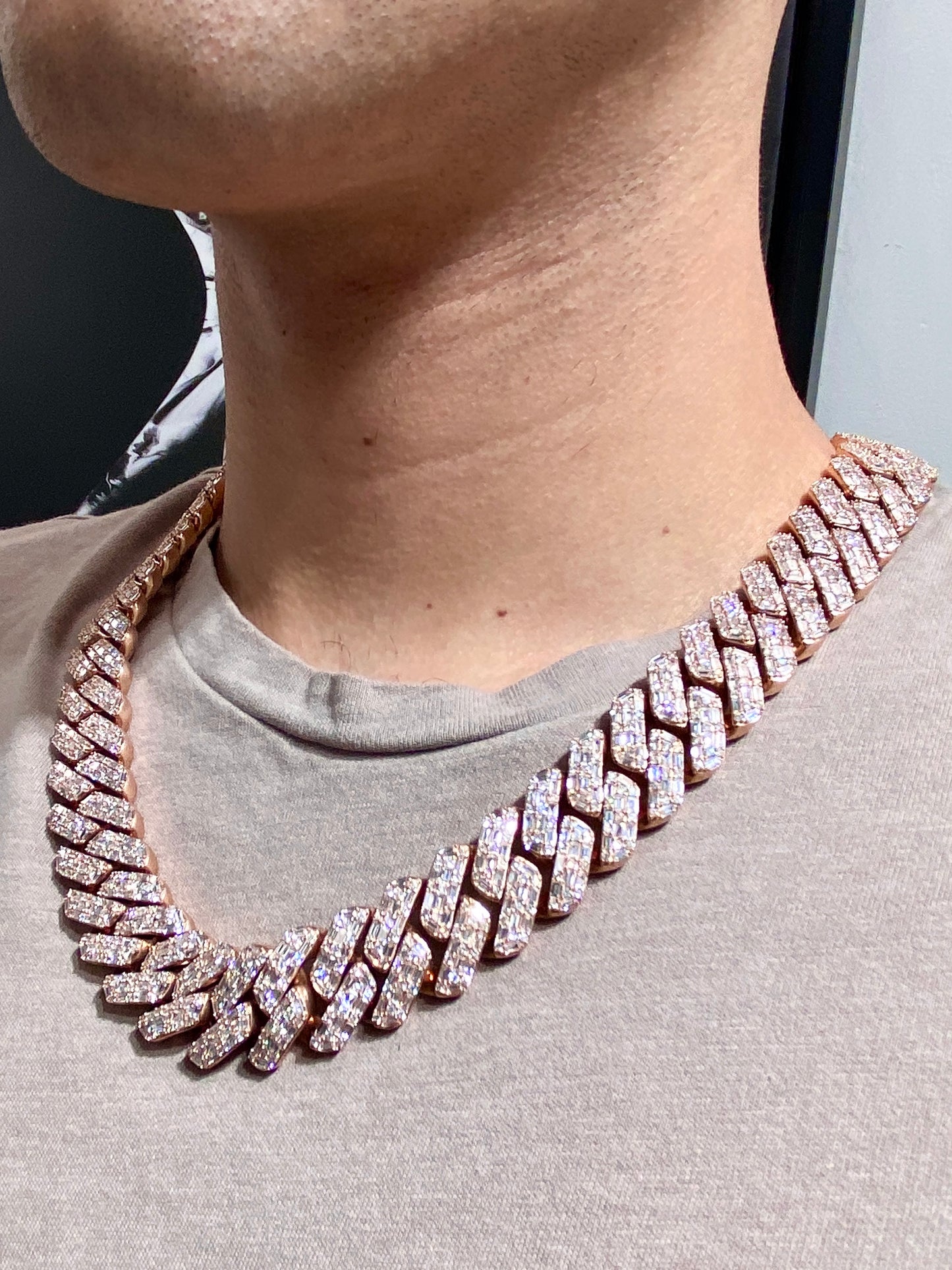 14K 18.5mm Rose Gold Baguette Cuban Chain 22"