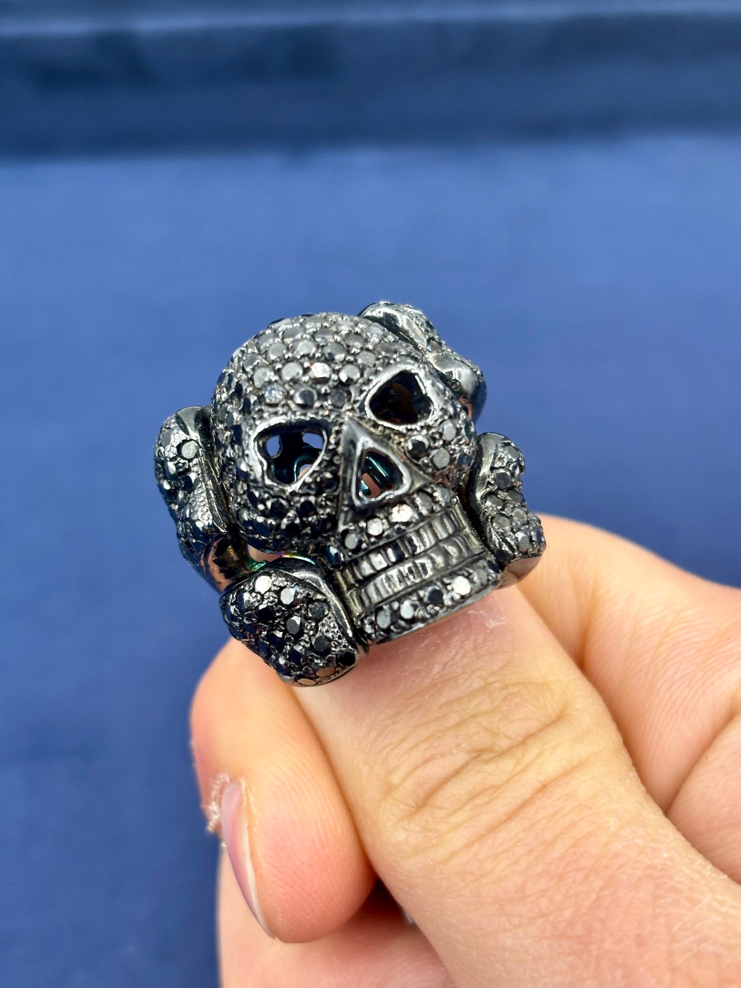 14K Black Diamond Skull and Bones Ring