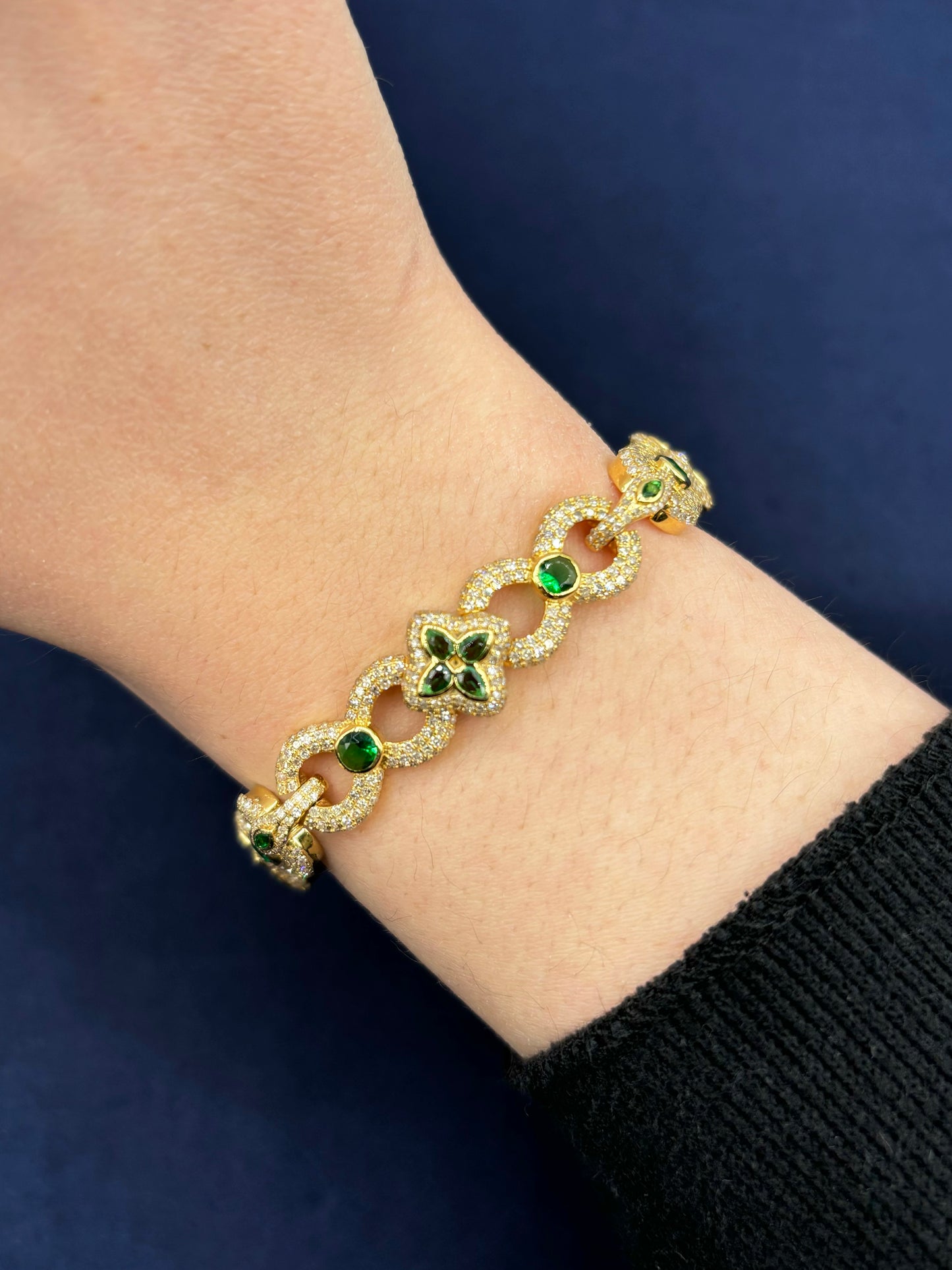 10k Gold Infinity Flower Diamond & Green Gemstone Bracelet