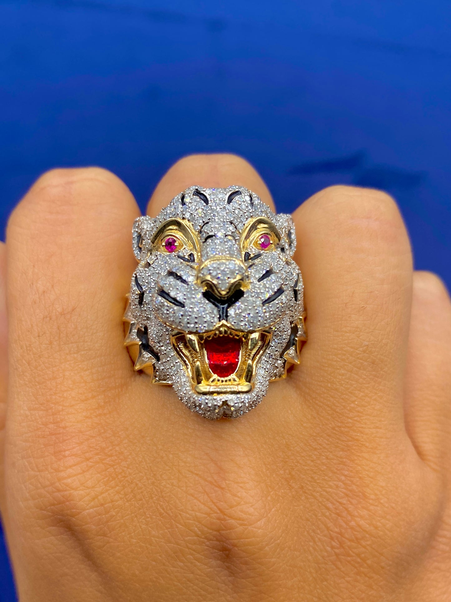 14K White Tiger Enamel Diamond Ring
