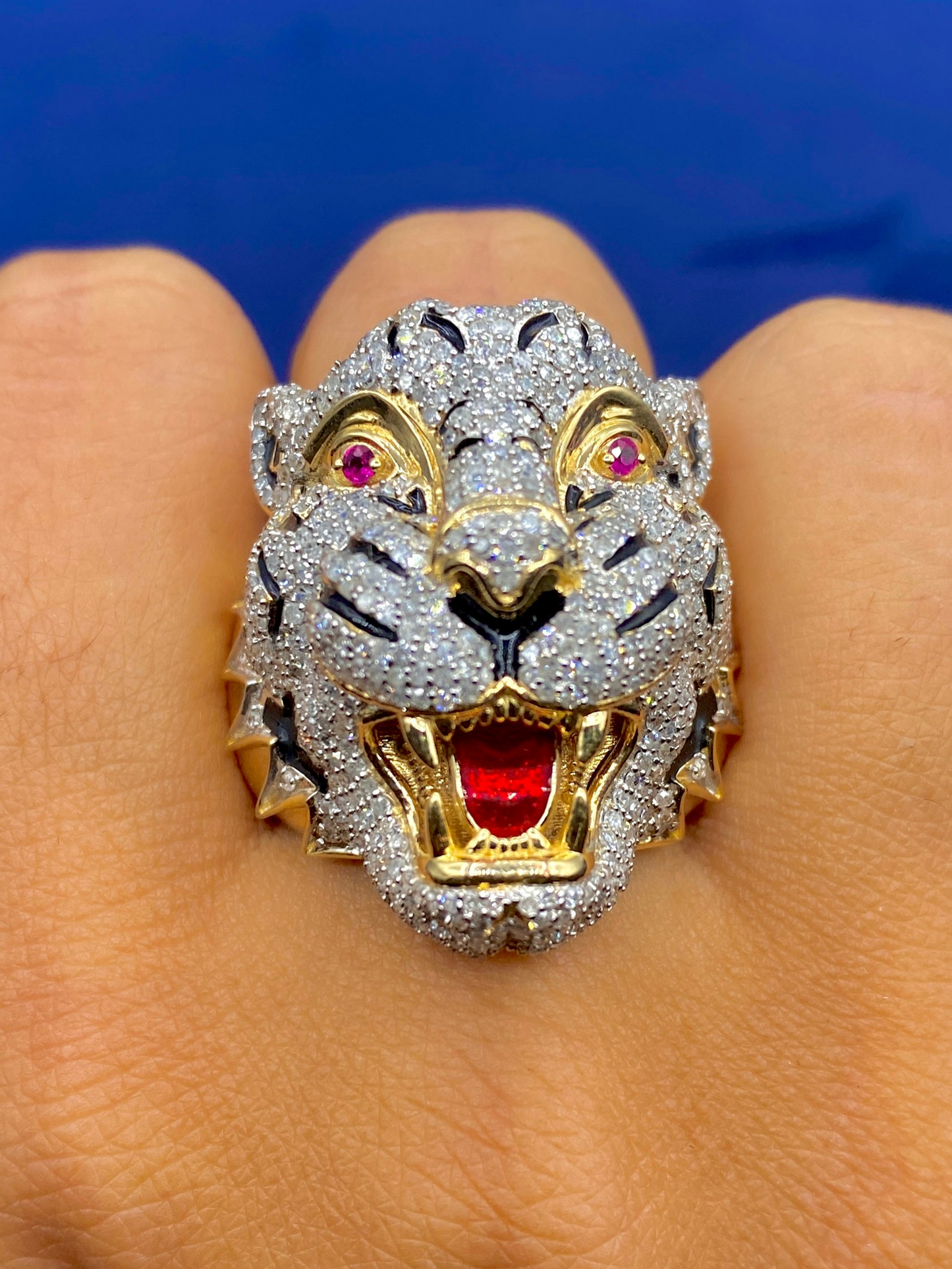 14K White Tiger Enamel Diamond Ring