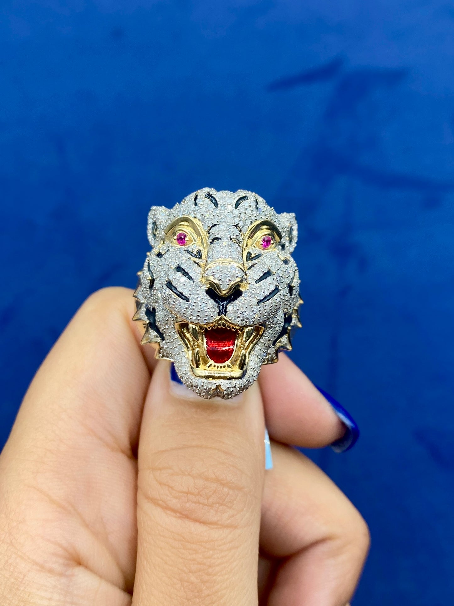 14K White Tiger Enamel Diamond Ring
