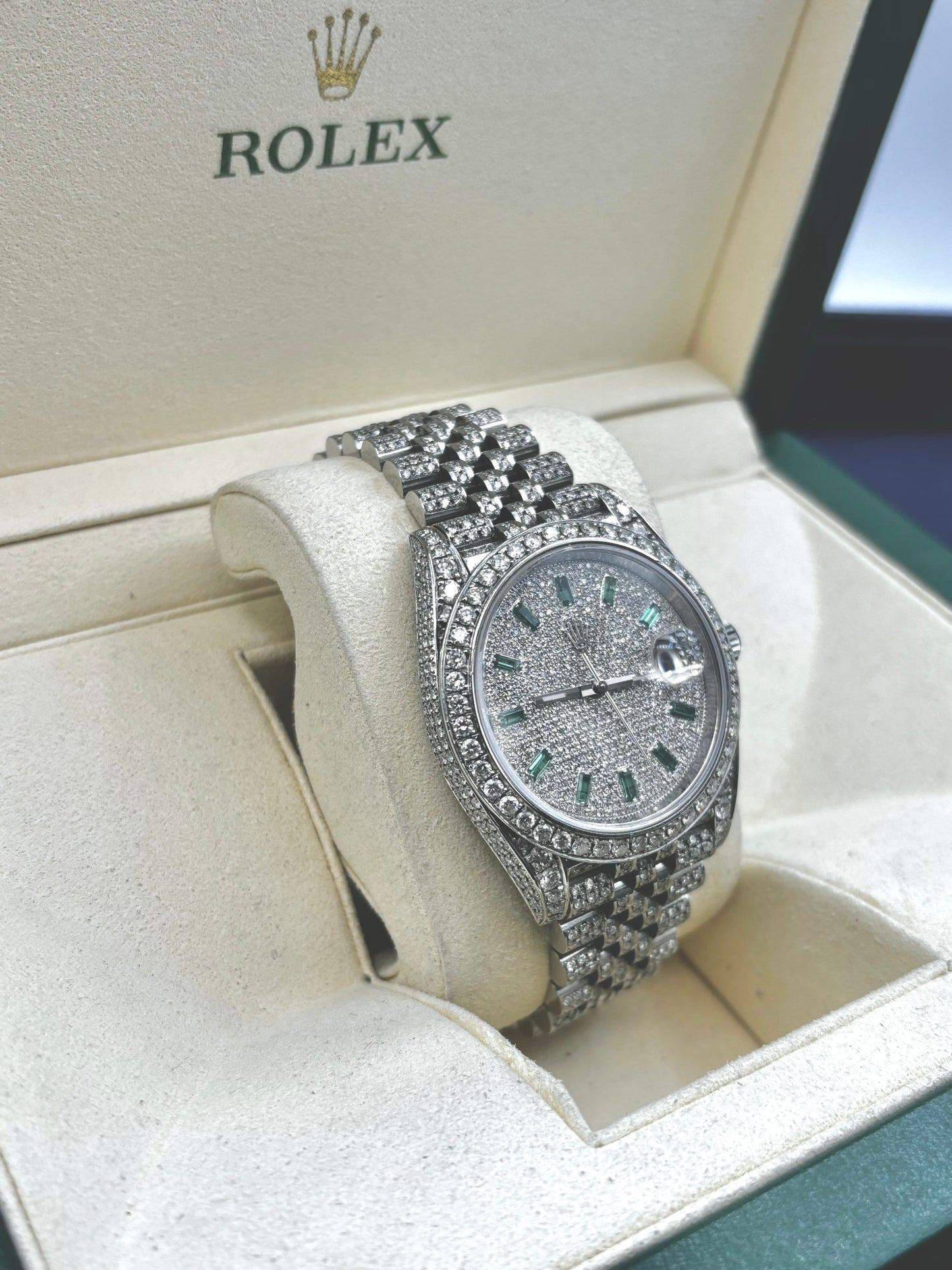 41mm Rolex Datejust Emerald Marker Dial Iced-Out