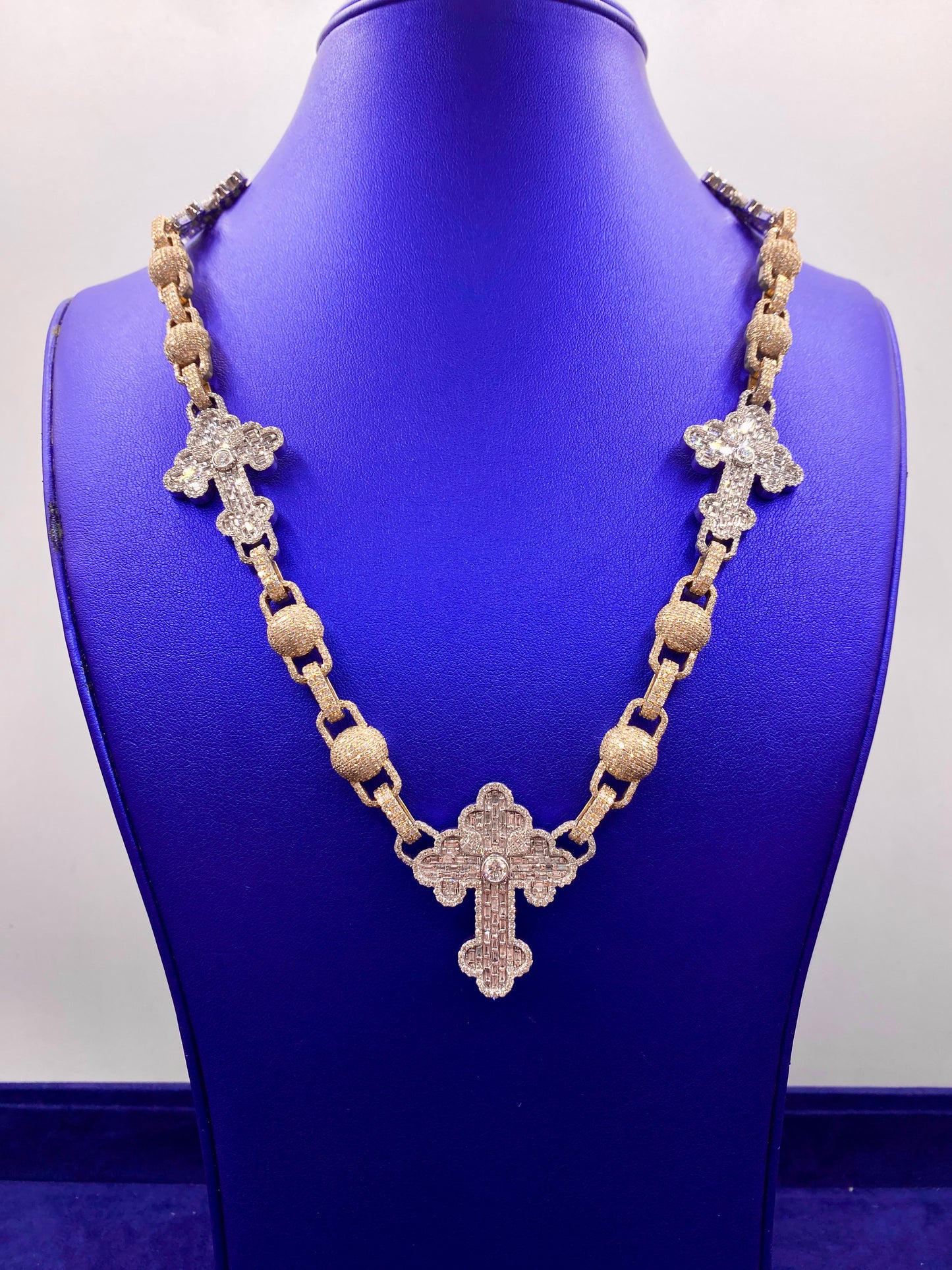 10k Grand Baguette Cross Necklace 22”