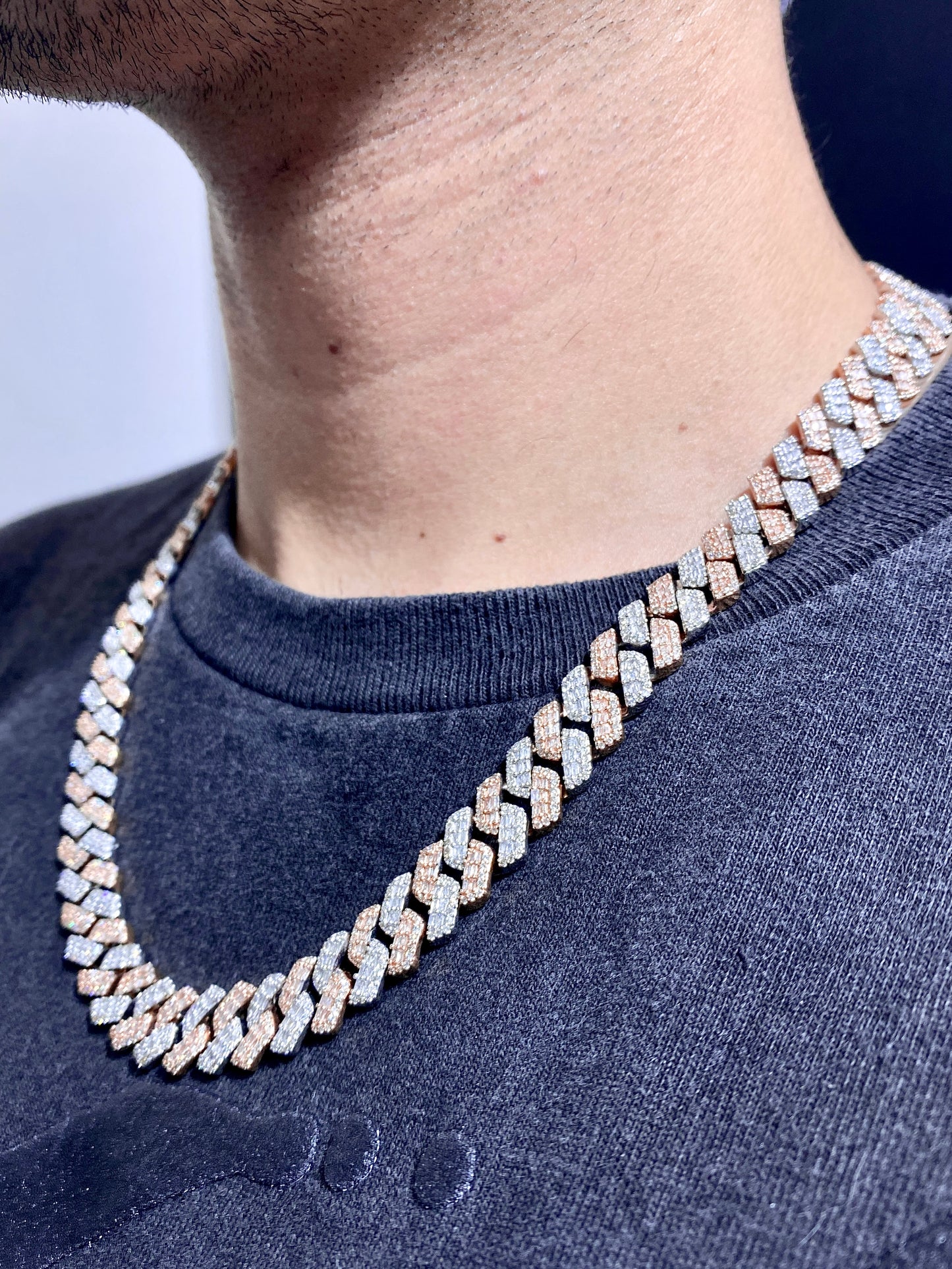 14k 12.4mm Two Tone Baguette Diamond Cuban Chain 20”