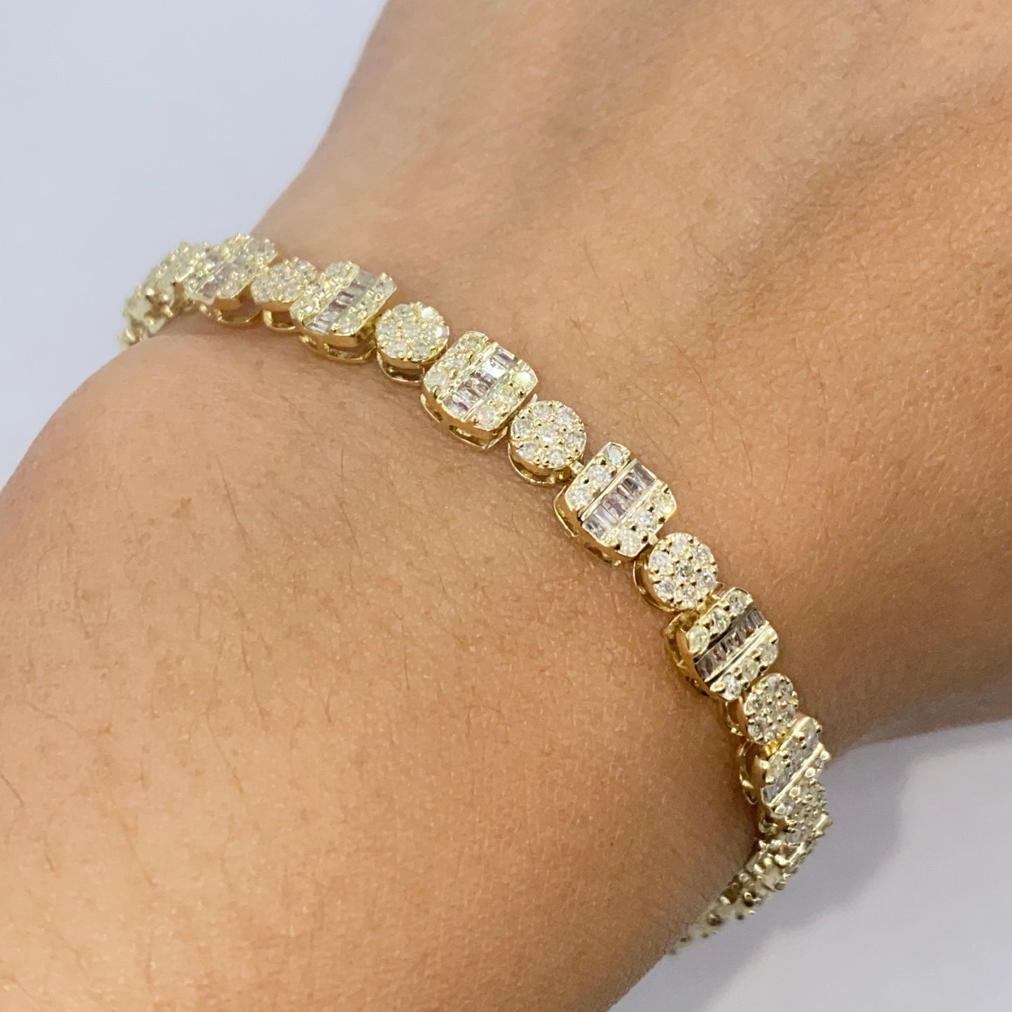 10K 5.5MM Square Circle Link Diamond Baguette Tennis Bracelet 7"