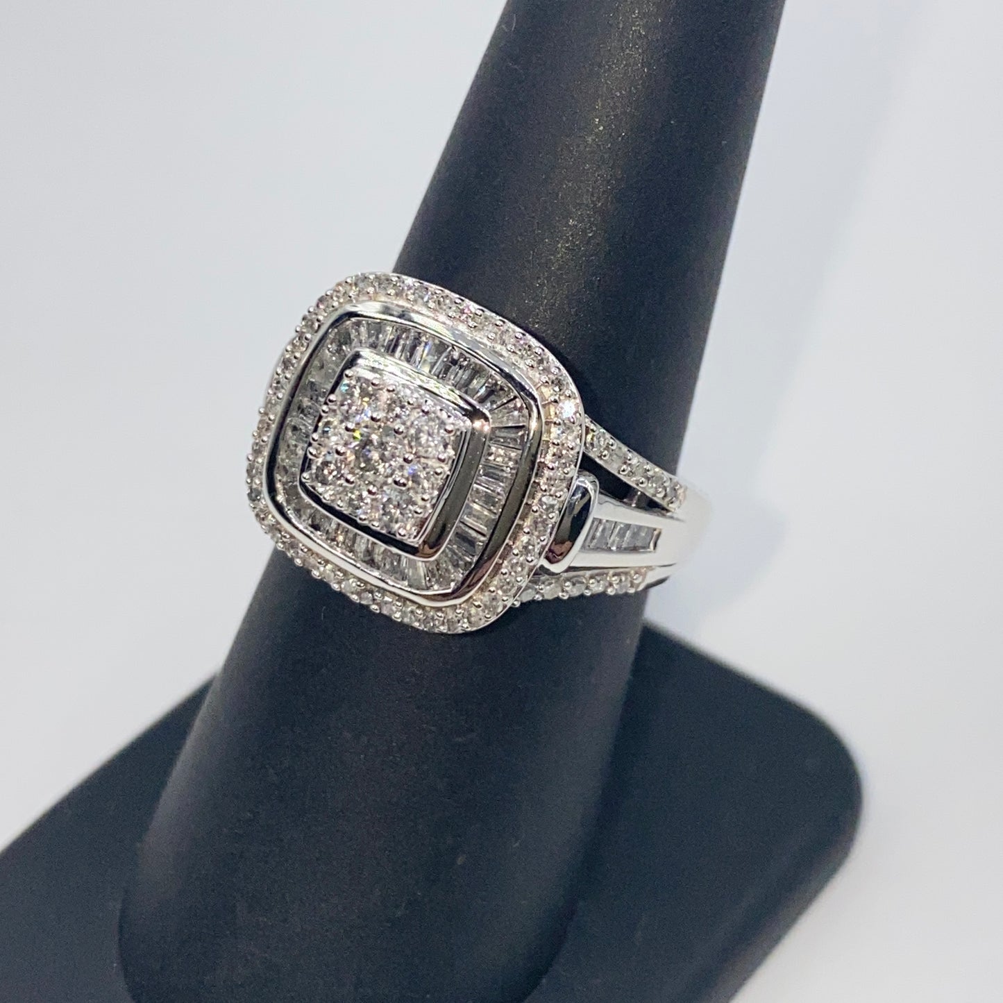 10K Large Stone Center Square Halo Diamond Baguette Engagement Ring