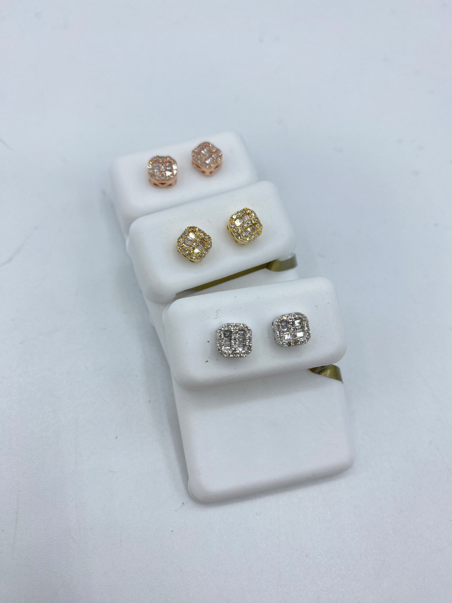 10k Square Rounded Diamond Baguette Rows Earrings