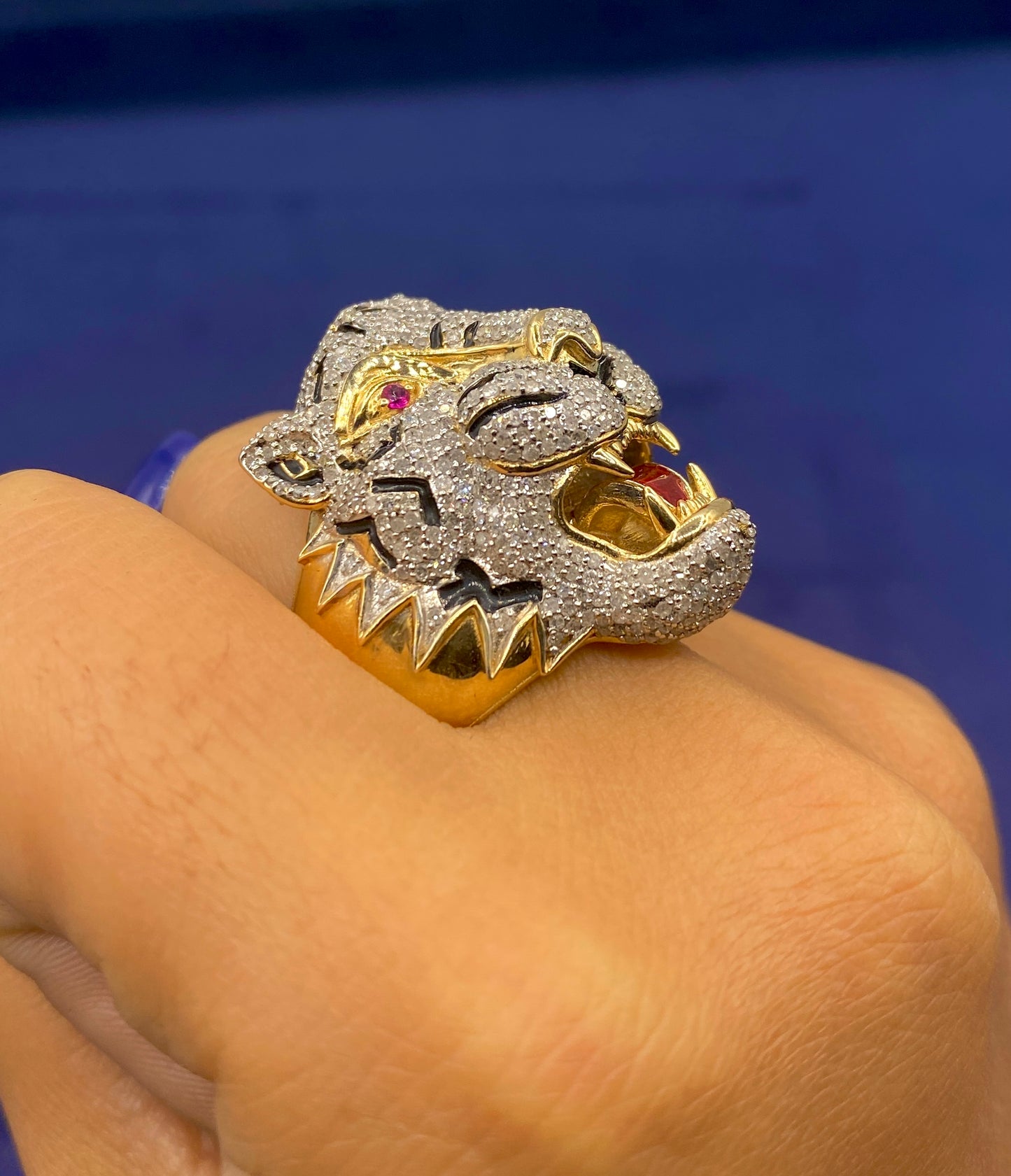 14K White Tiger Enamel Diamond Ring