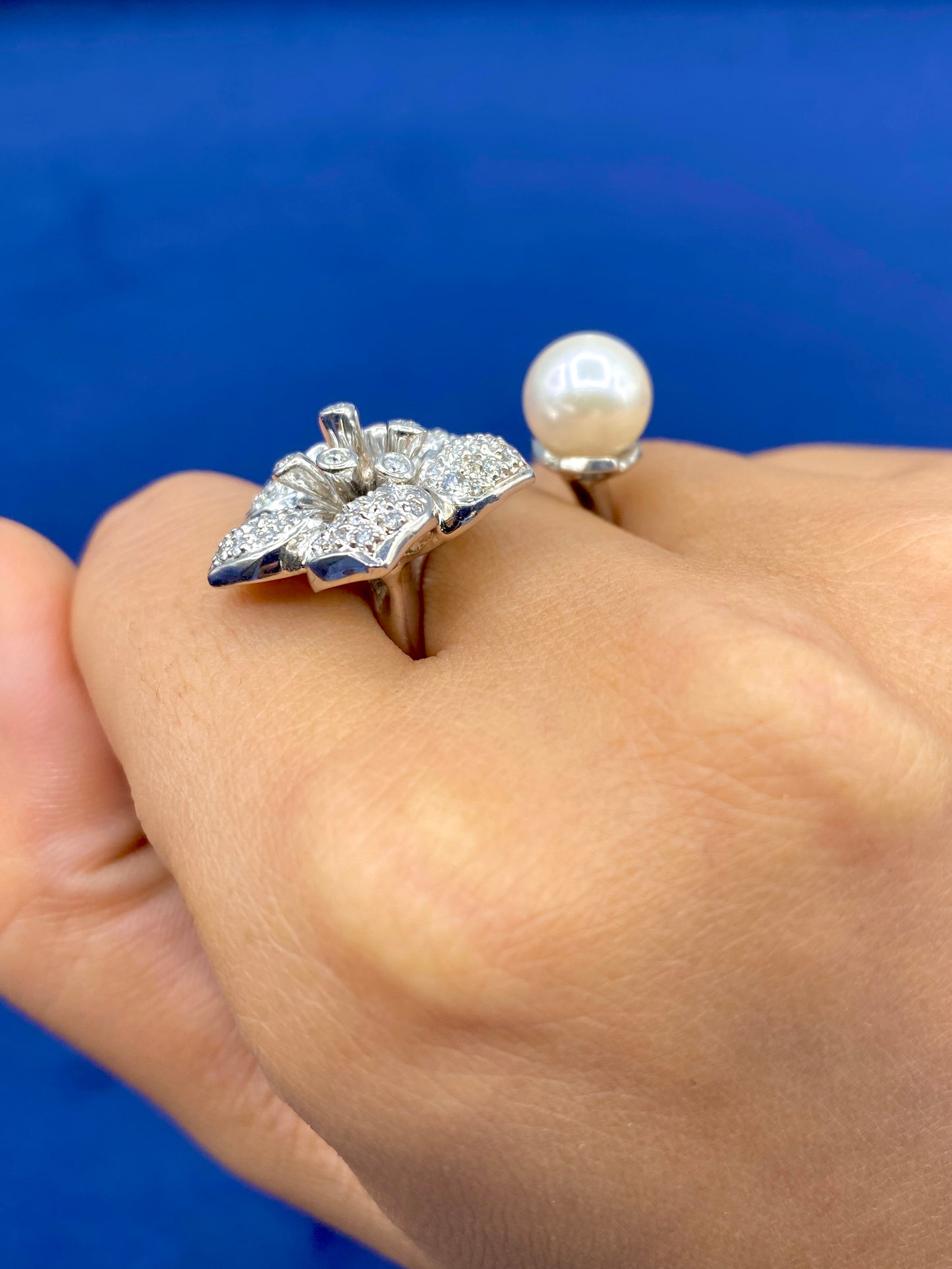 18K Flower Pearl Diamond Cuff Ring
