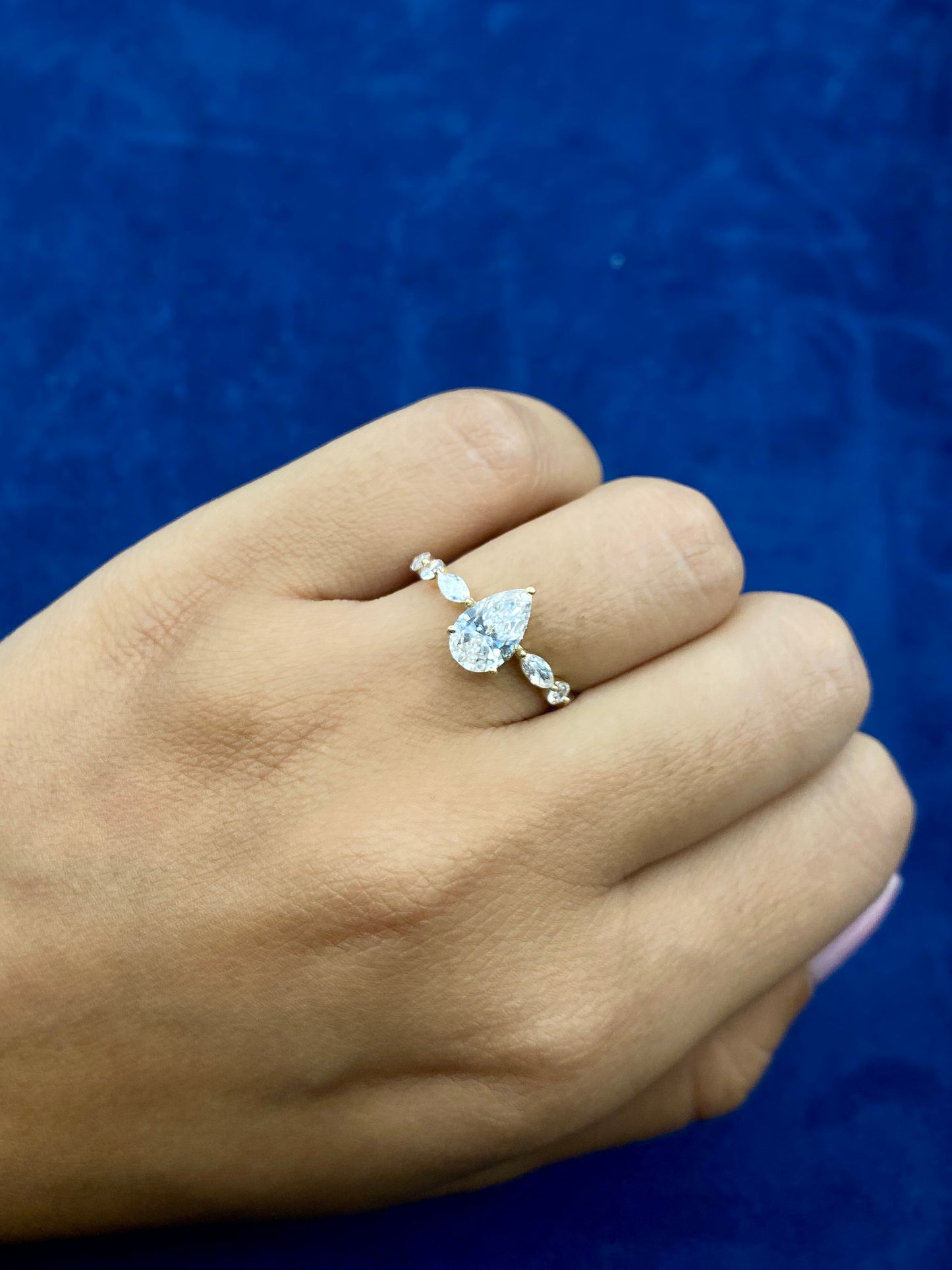 14K Pear Center and Band Lab Diamond Engagement RIng
