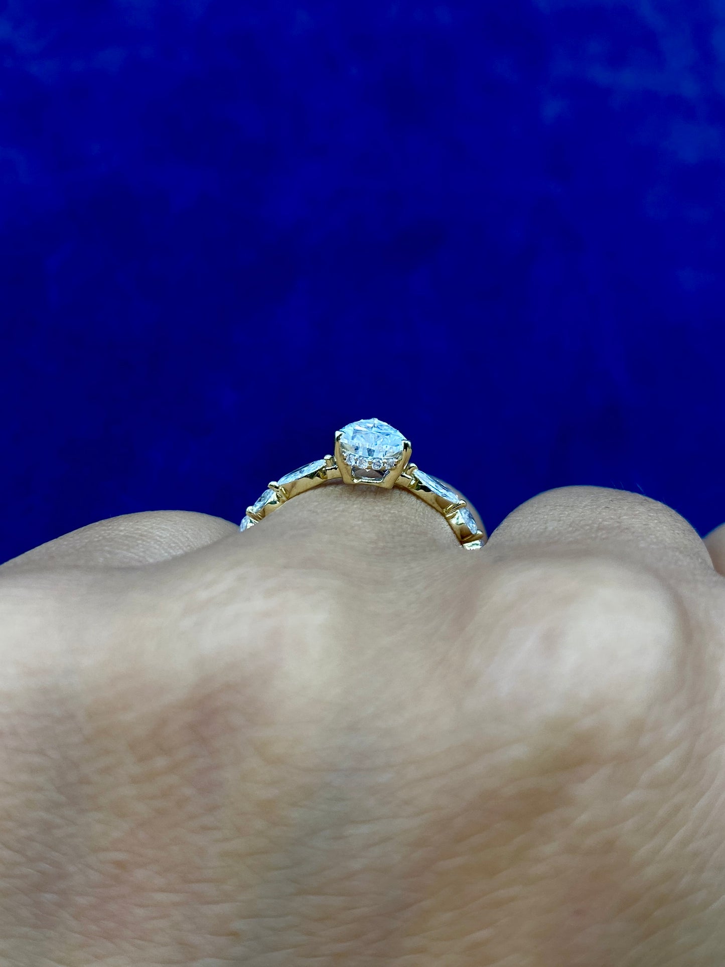 14K Pear Center and Band Lab Diamond Engagement RIng