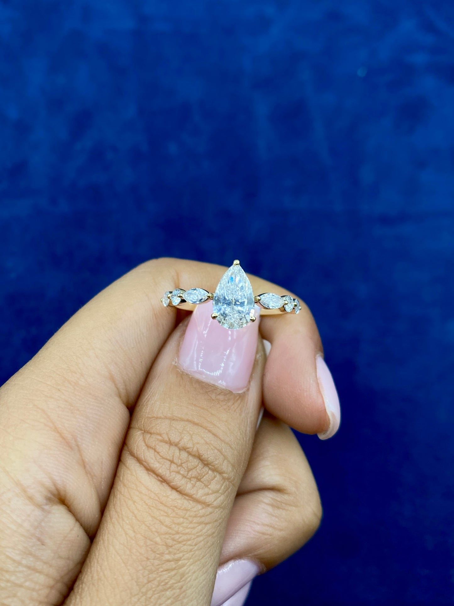 14K Pear Center and Band Lab Diamond Engagement RIng
