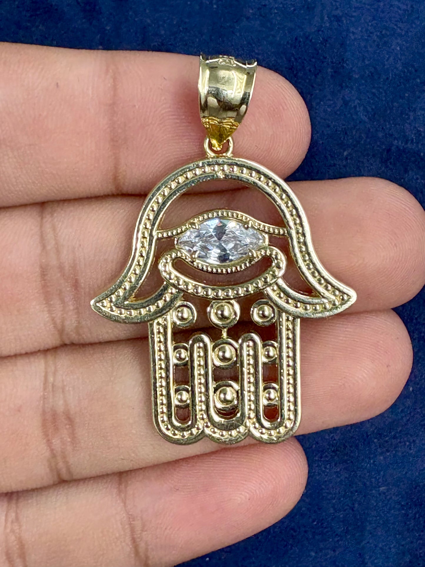 10K Gold Hamsa Pendant with White Sapphire Stone