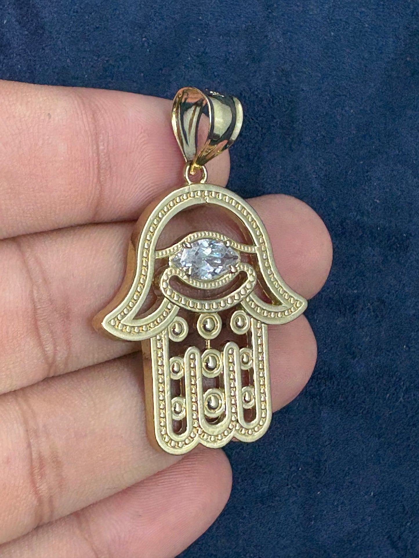 10K Gold Hamsa Pendant with White Sapphire Stone