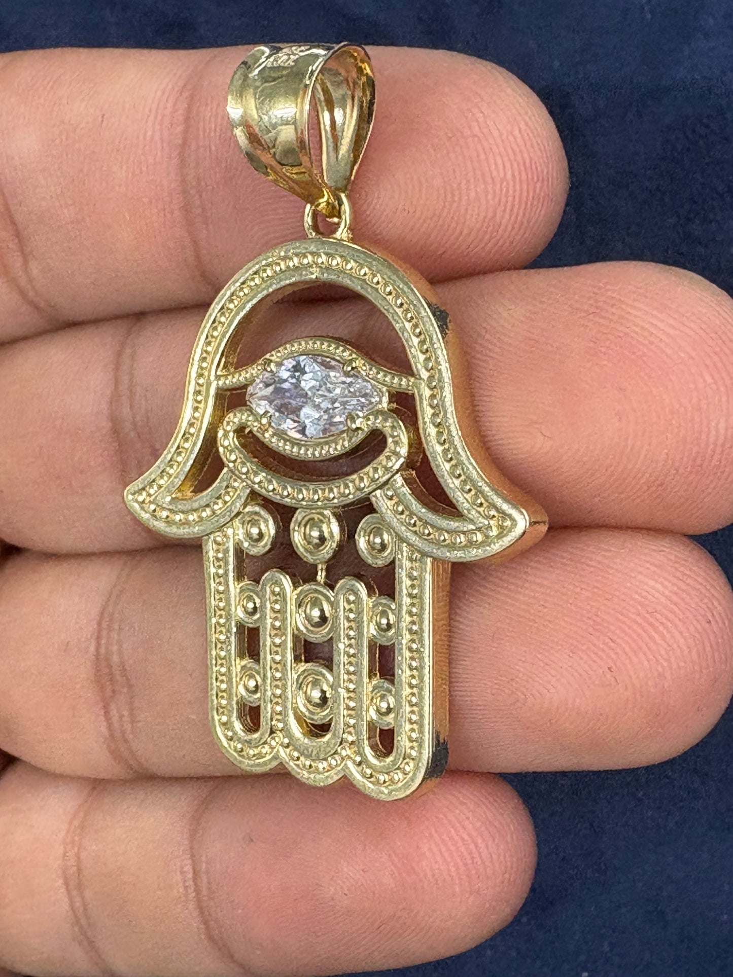 10K Gold Hamsa Pendant with White Sapphire Stone