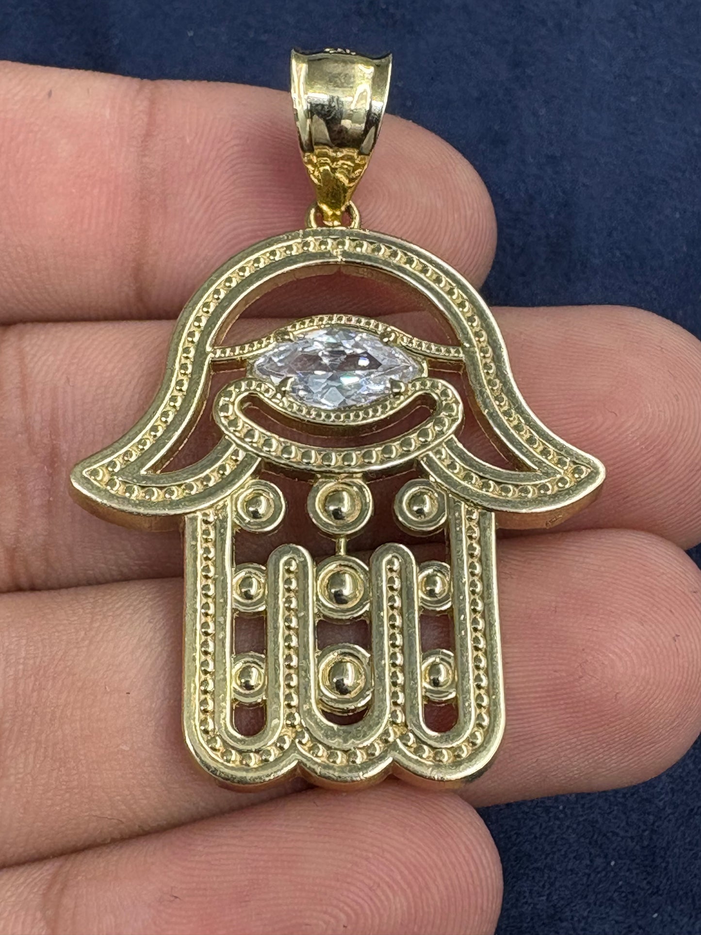 10K Gold Hamsa Pendant with White Sapphire Stone