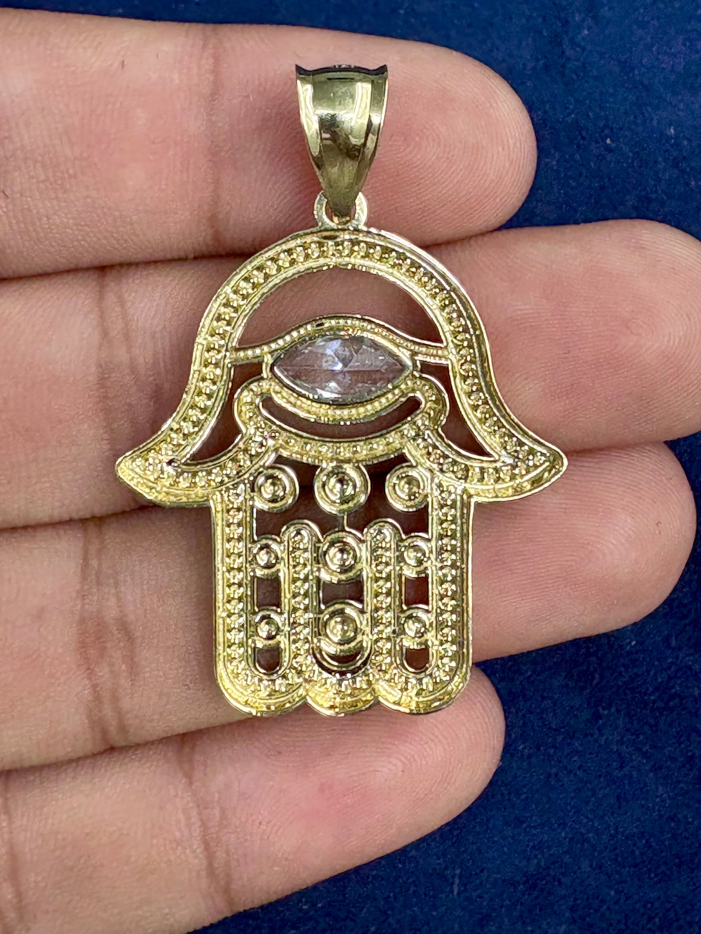 10K Gold Hamsa Pendant with White Sapphire Stone