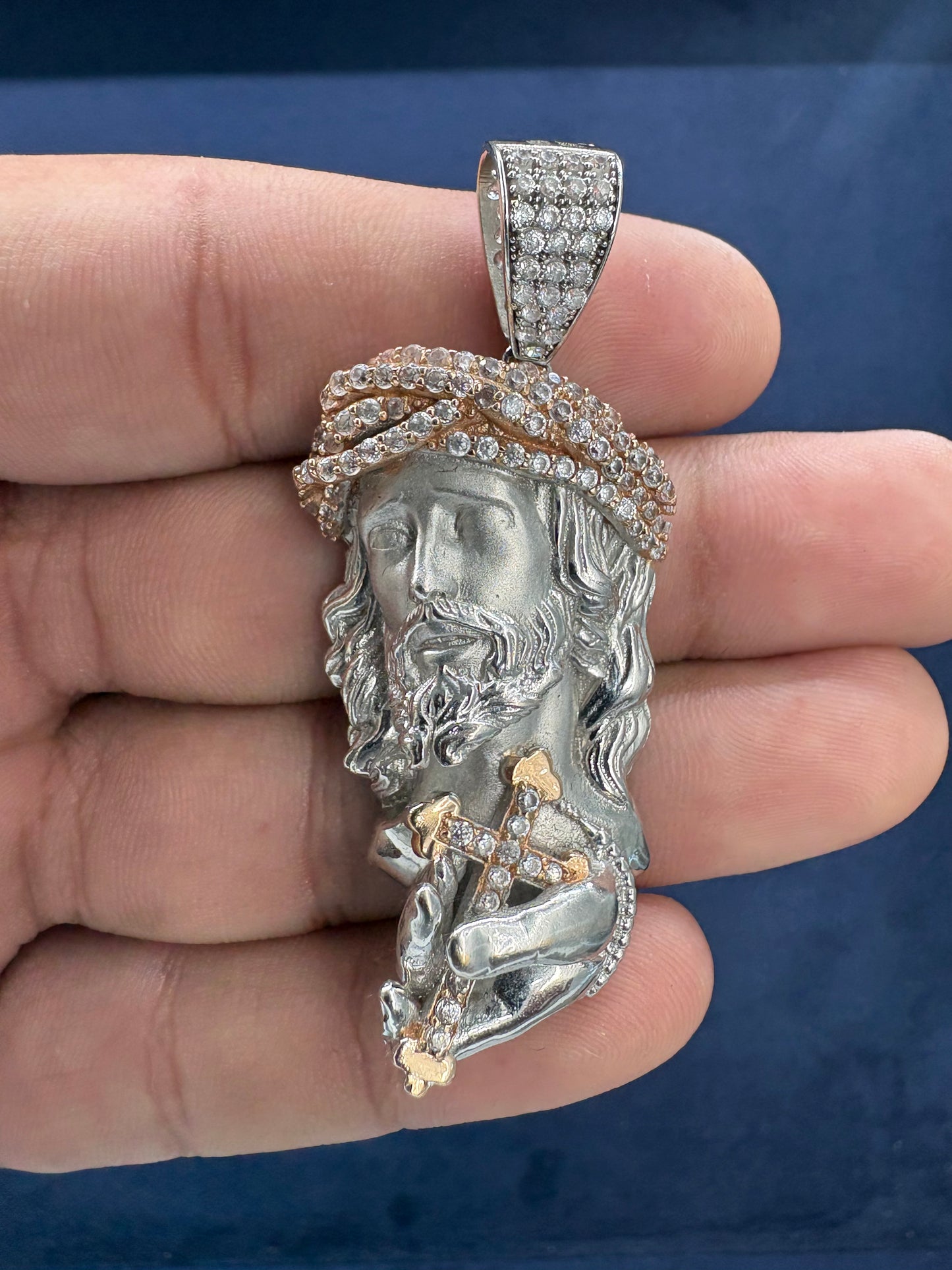14K White Gold and Sapphire Stone Jesus Pendant