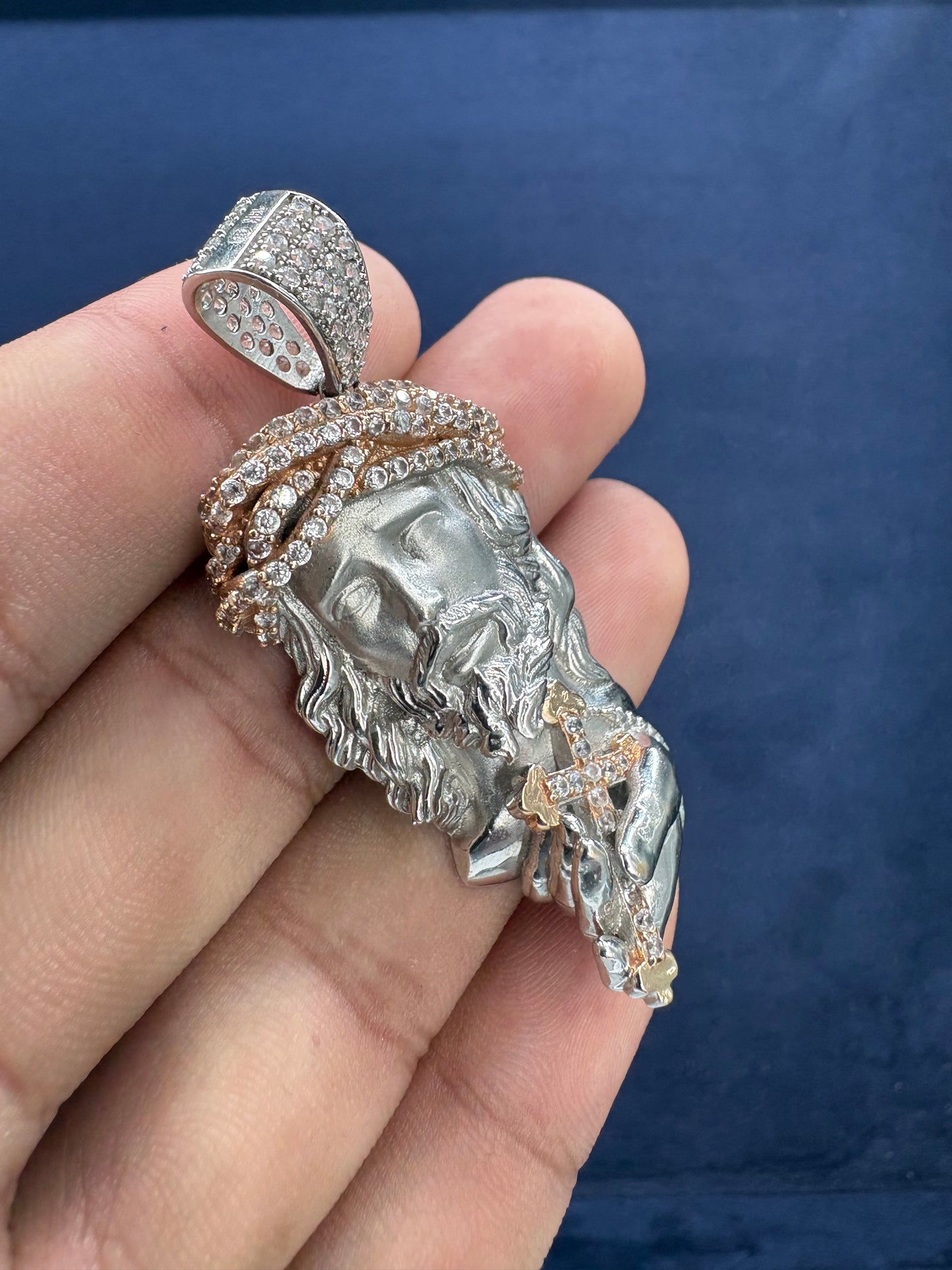 14K White Gold and Sapphire Stone Jesus Pendant