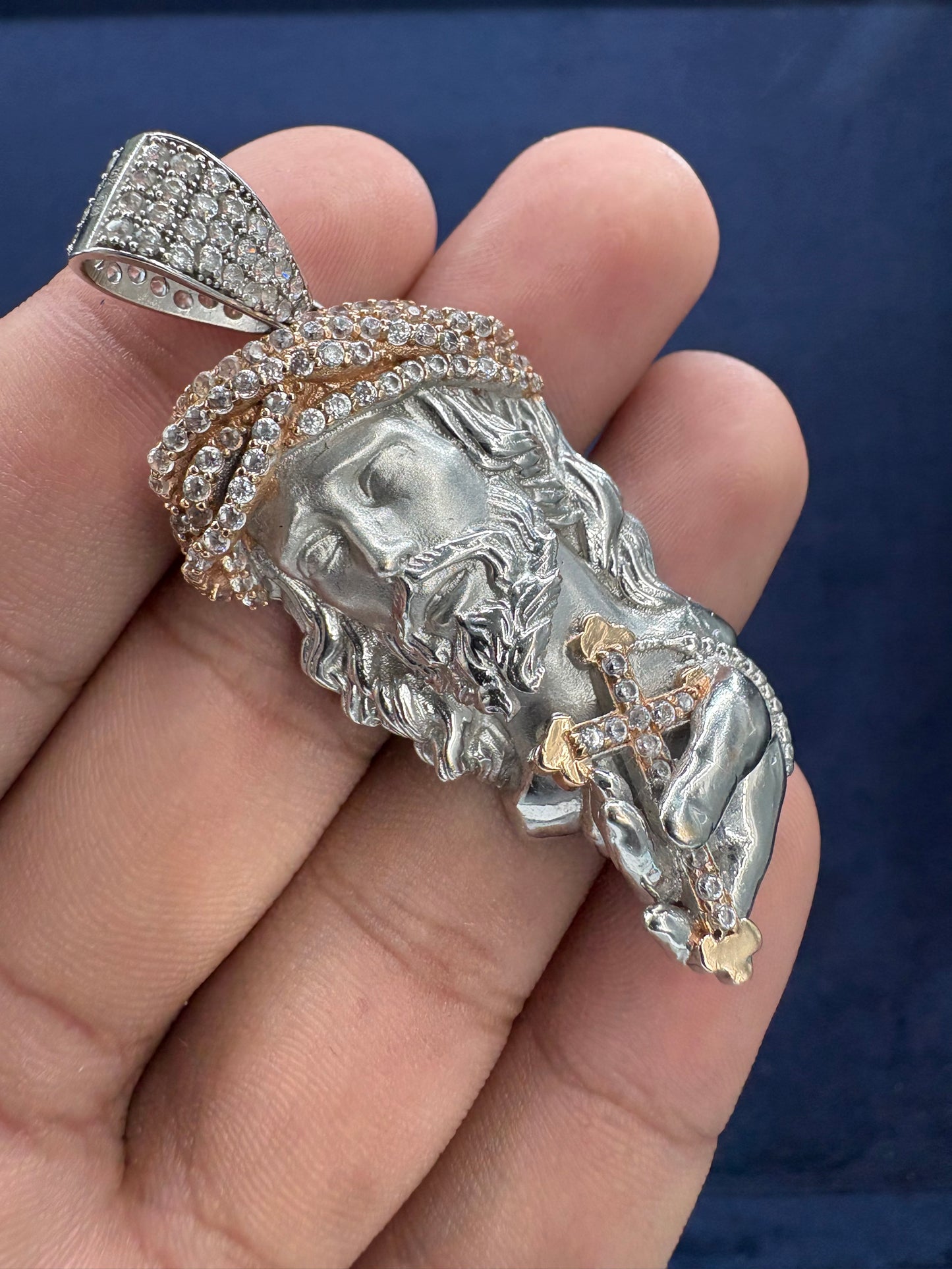 14K White Gold and Sapphire Stone Jesus Pendant