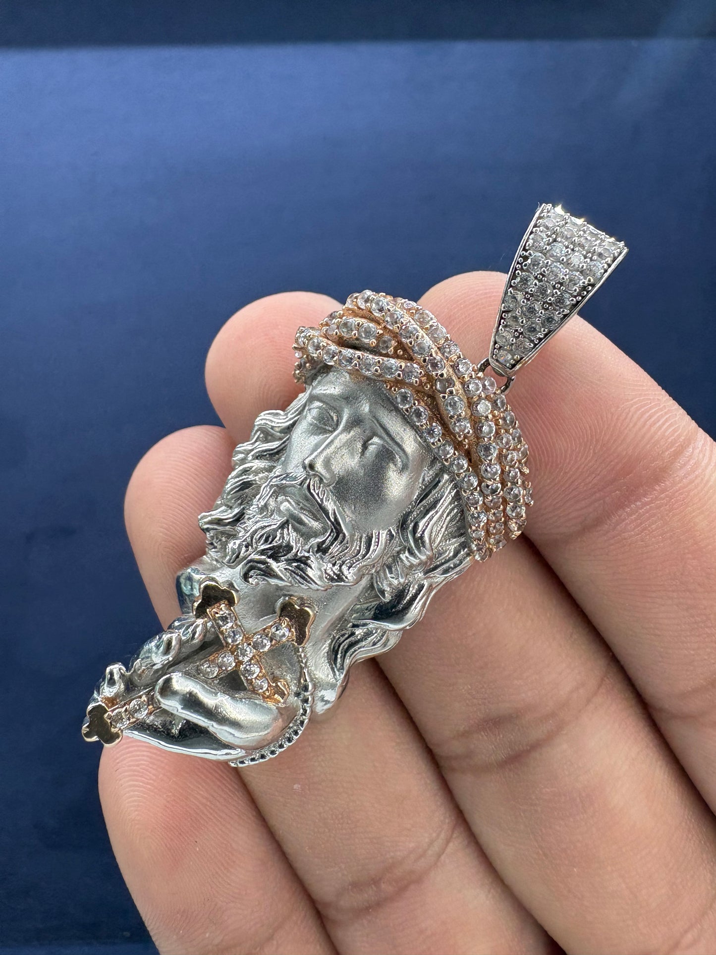 14K White Gold and Sapphire Stone Jesus Pendant