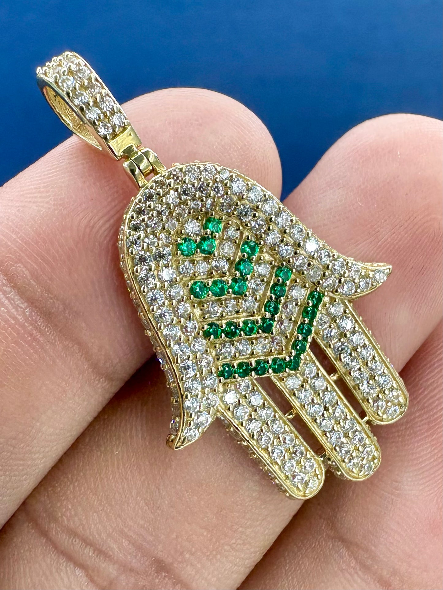 14K Gold and Sapphire Stone Hamsa Pendant