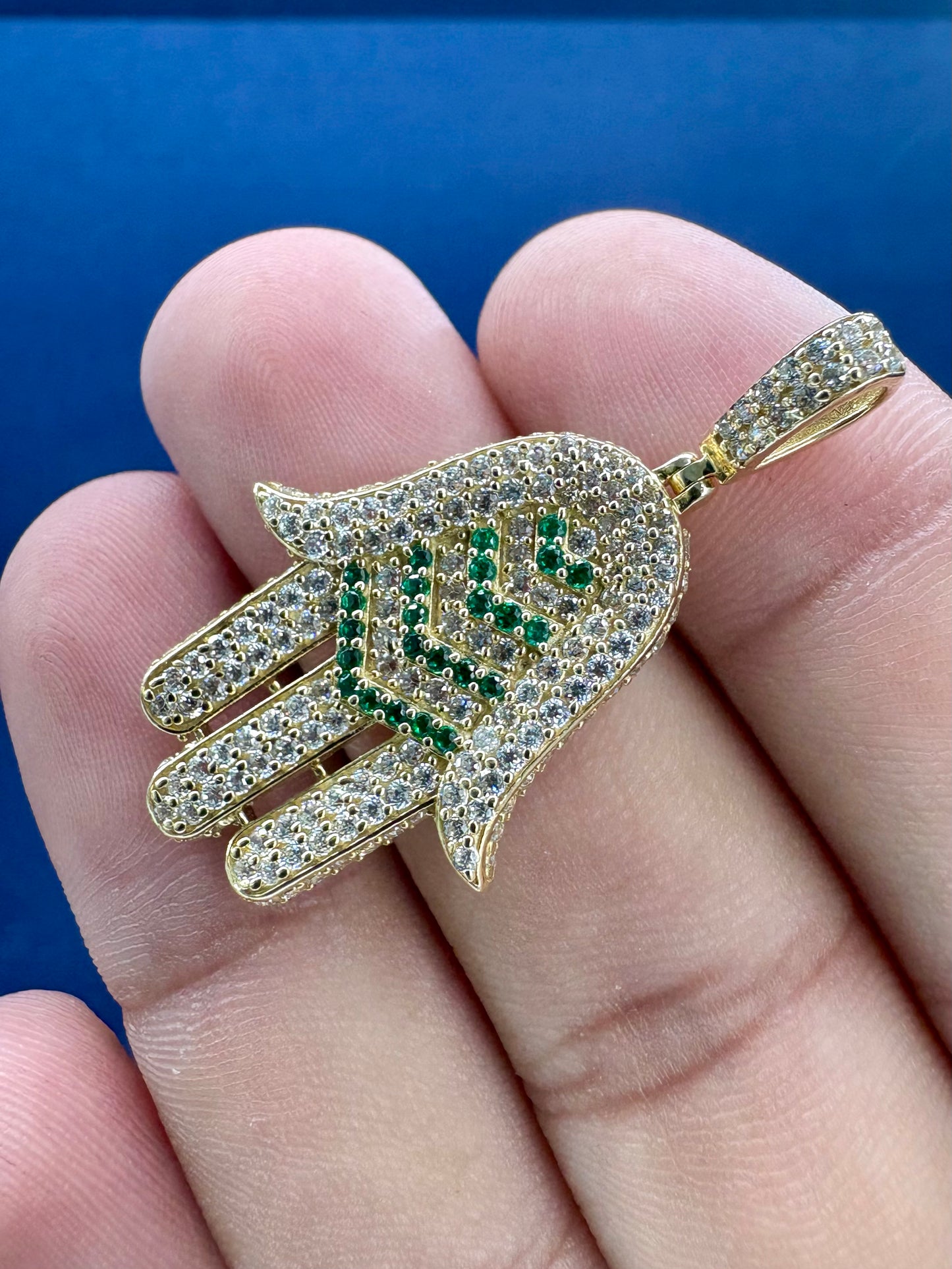 14K Gold and Sapphire Stone Hamsa Pendant