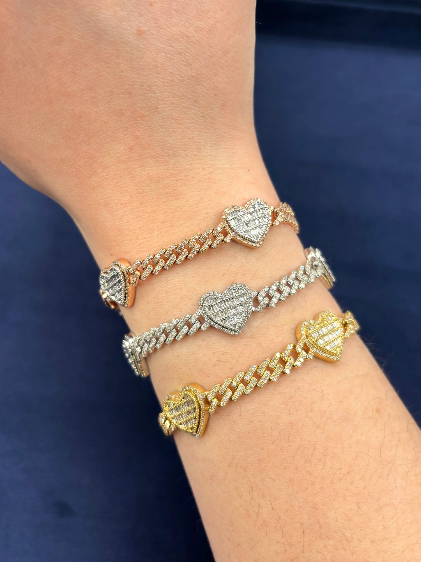 10K 7 Inches Baguette Heart Cuban Bracelet