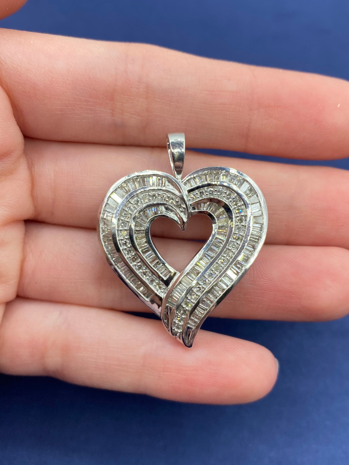 10K Triple-Row Baguette Heart Pendants