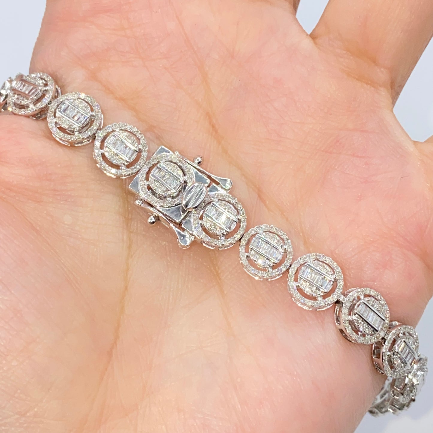 10K Halo Diamond Baguette Tennis Bracelet 8"
