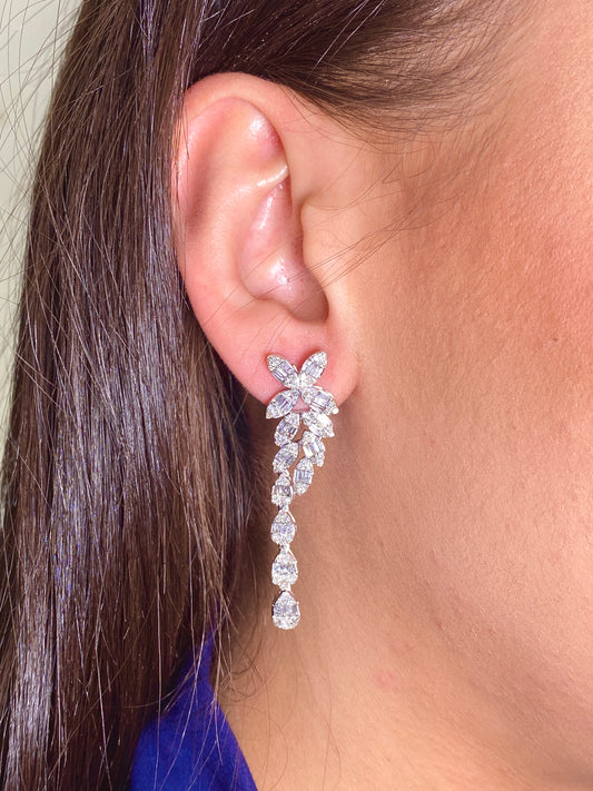 14K Bridal Flower Baguette Hanging Earrings