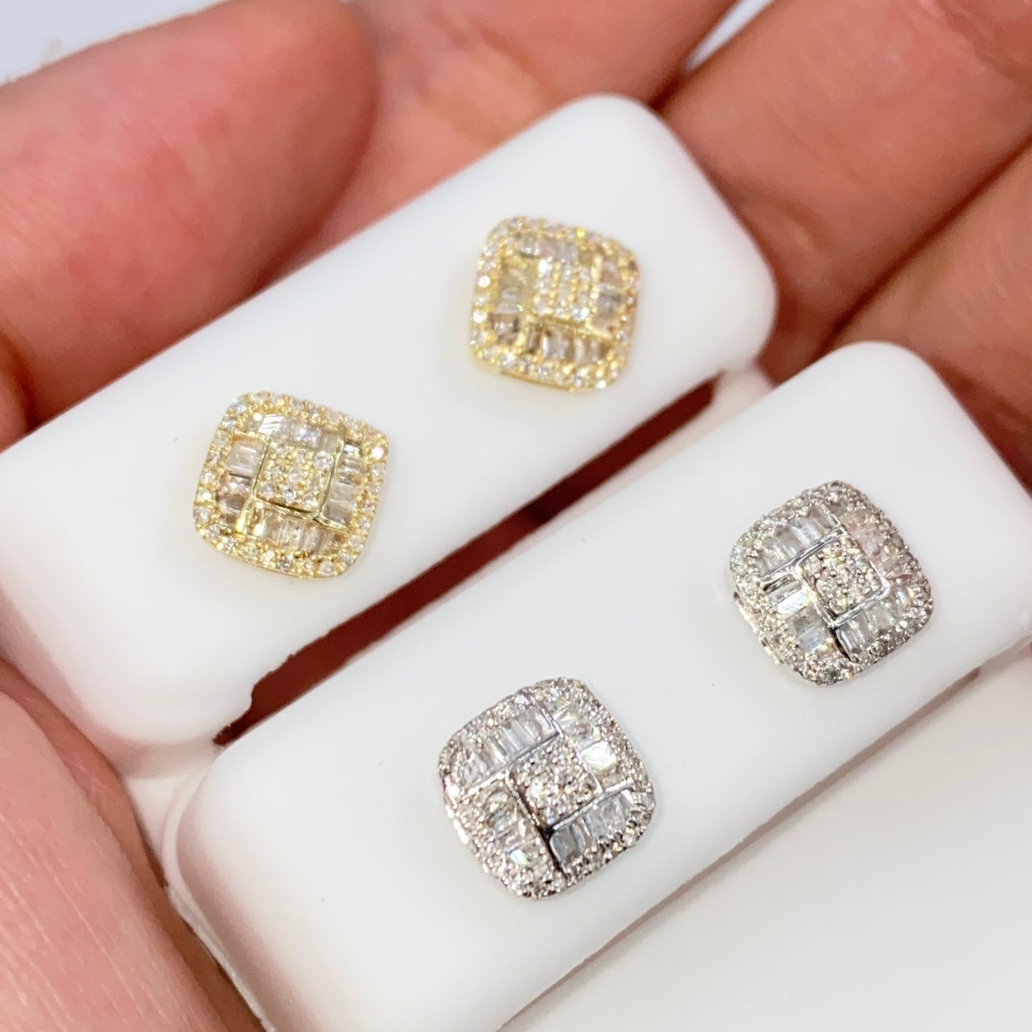 14K 8MM Rounded Square Diamond Baguette Earrings