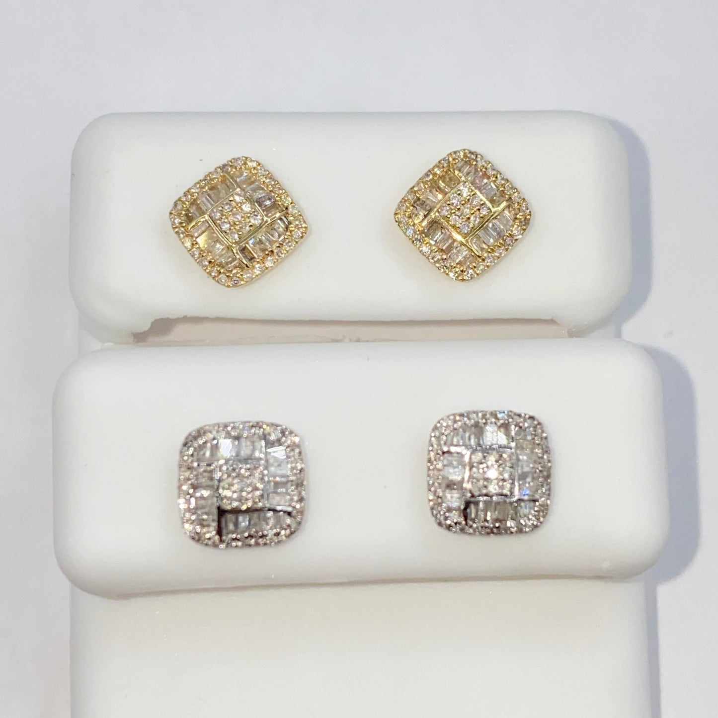 14K 8MM Rounded Square Diamond Baguette Earrings