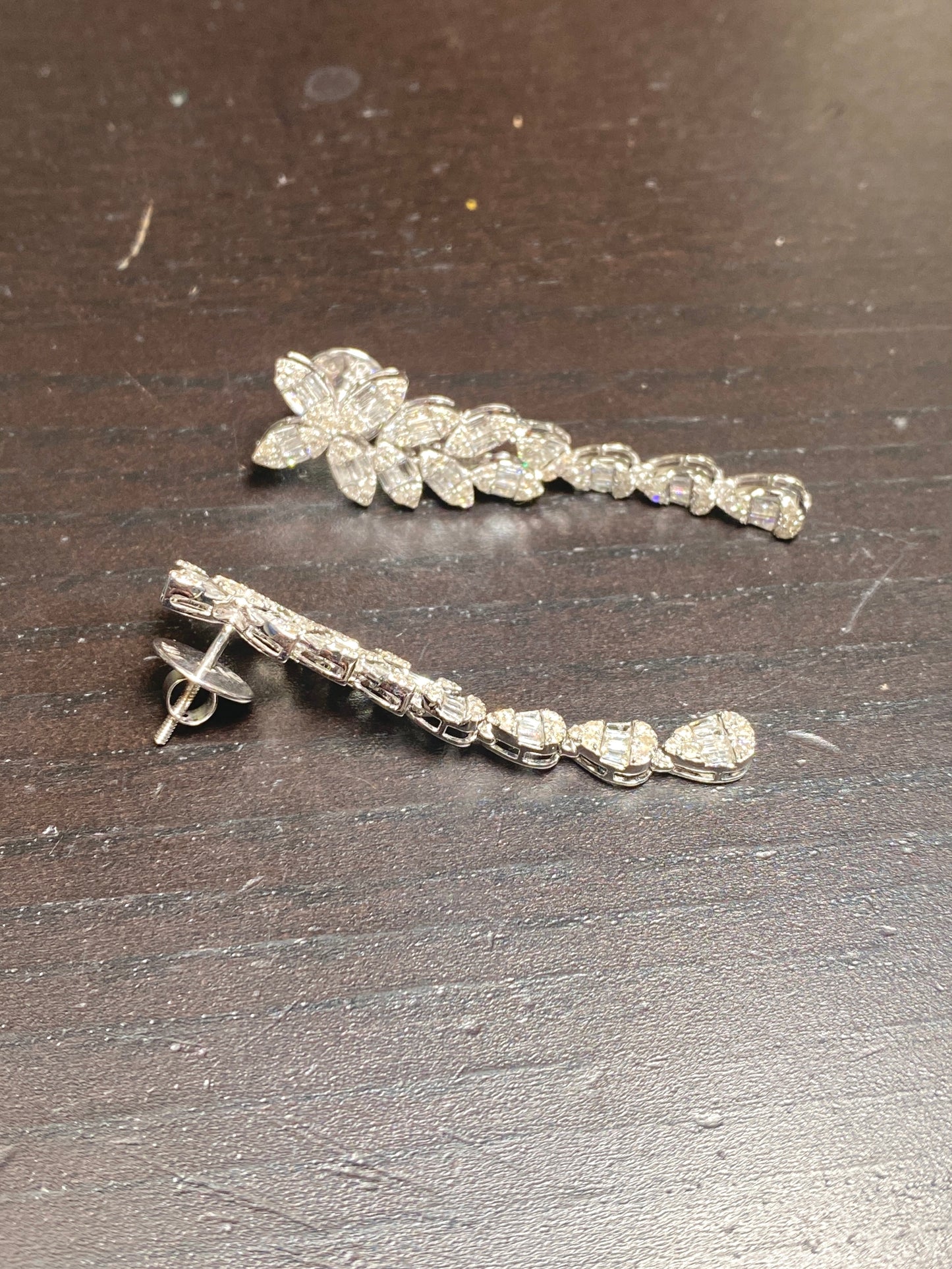 14K Bridal Flower Baguette Hanging Earrings