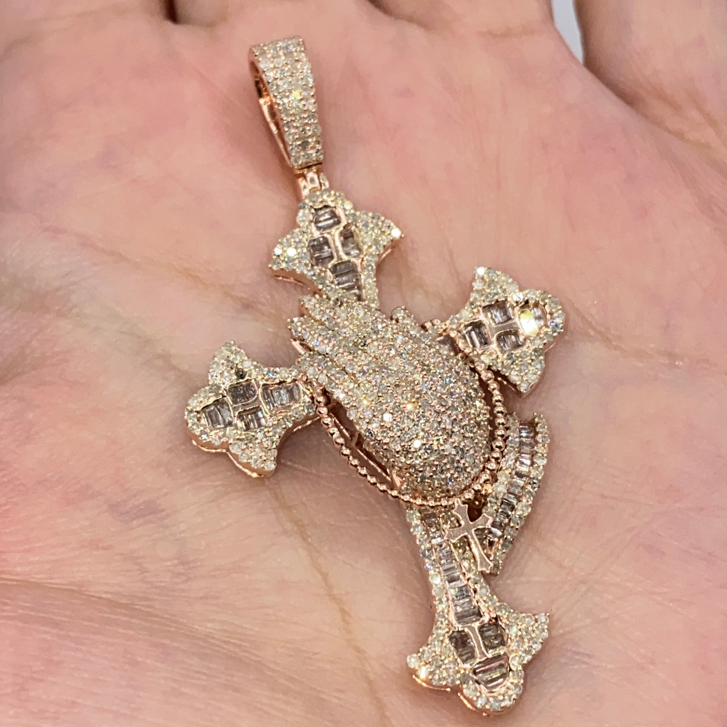 10K Prayer Cross Diamond Baguette Pendant