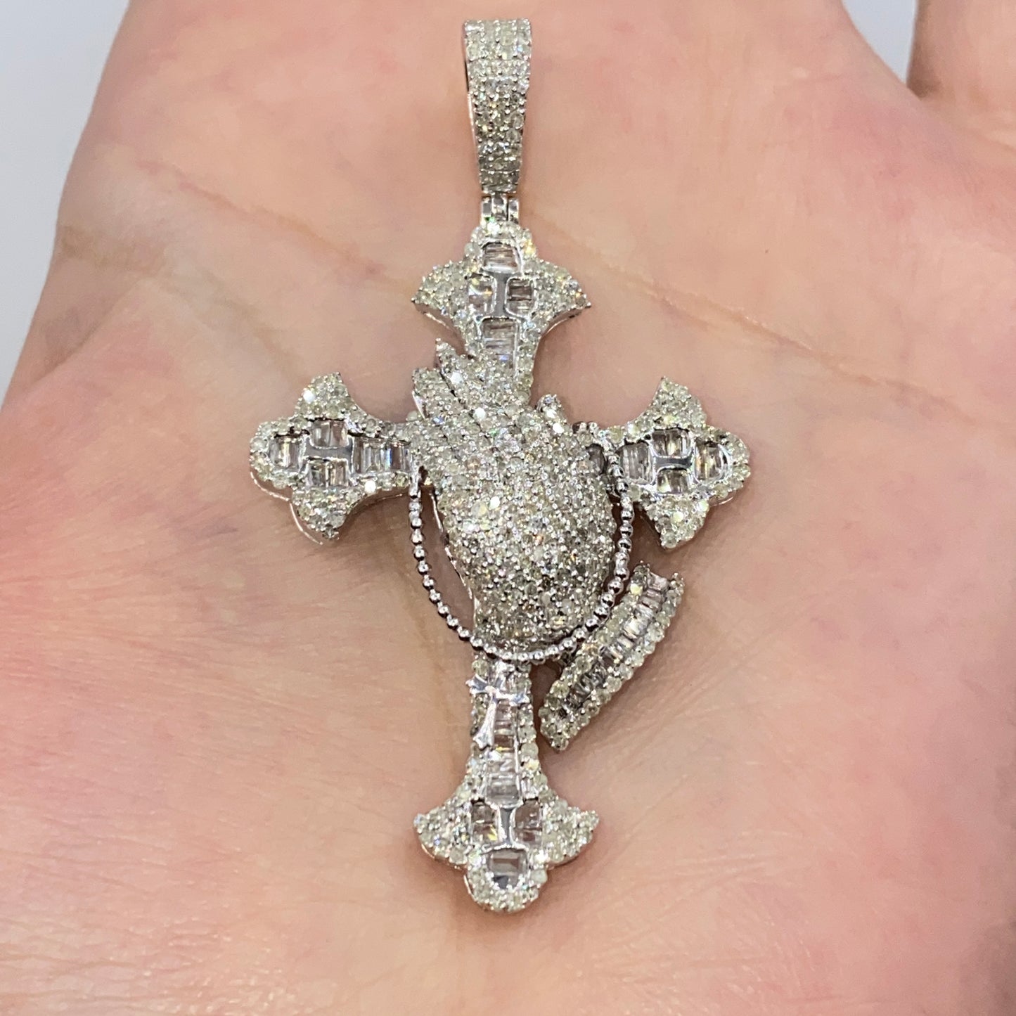 10K Prayer Cross Diamond Baguette Pendant