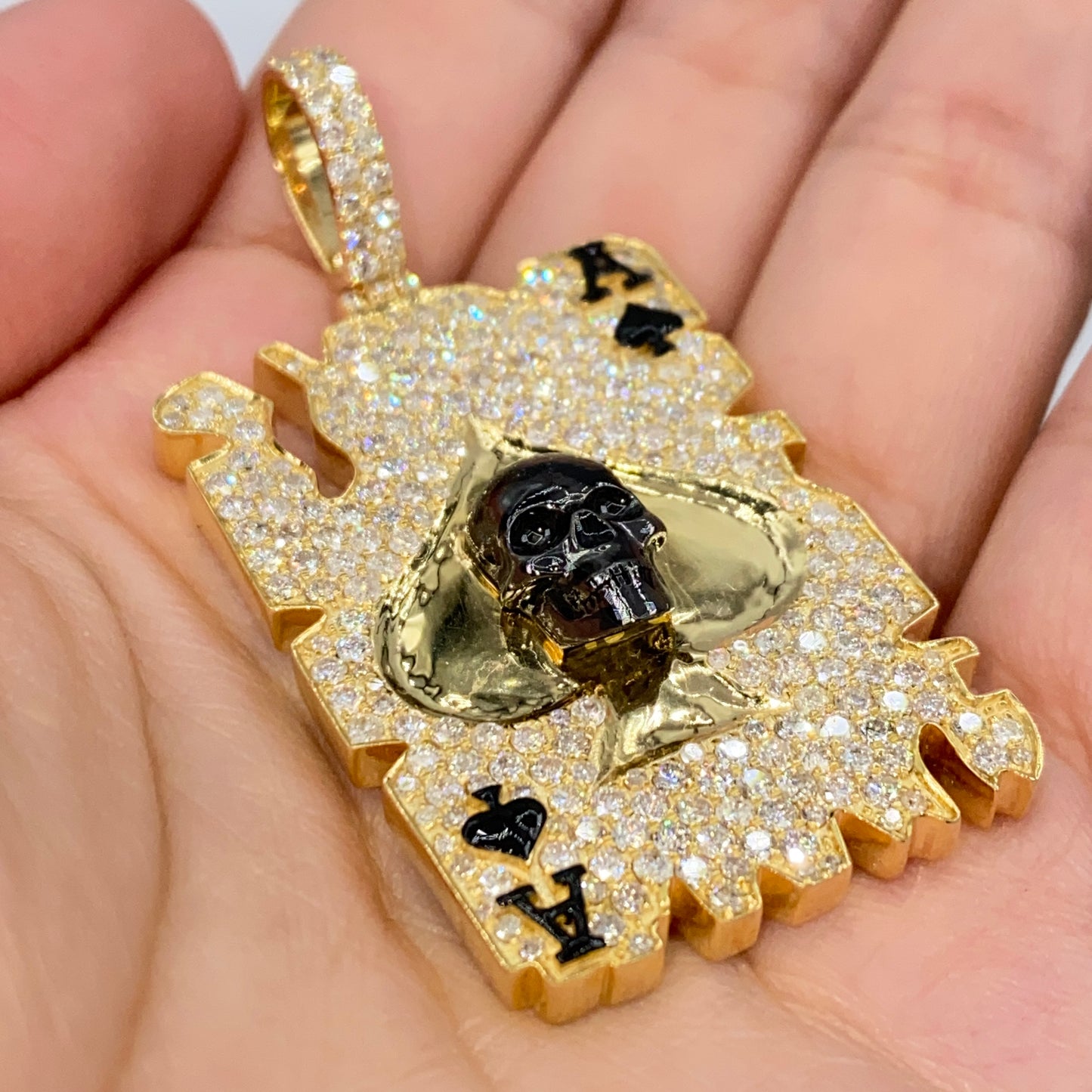 10K Skull Ace of Spades Card Diamond Pendant