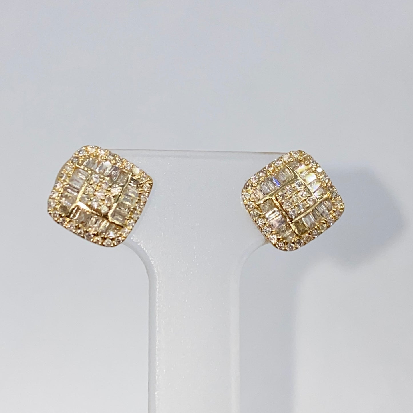 14K 8MM Rounded Square Diamond Baguette Earrings