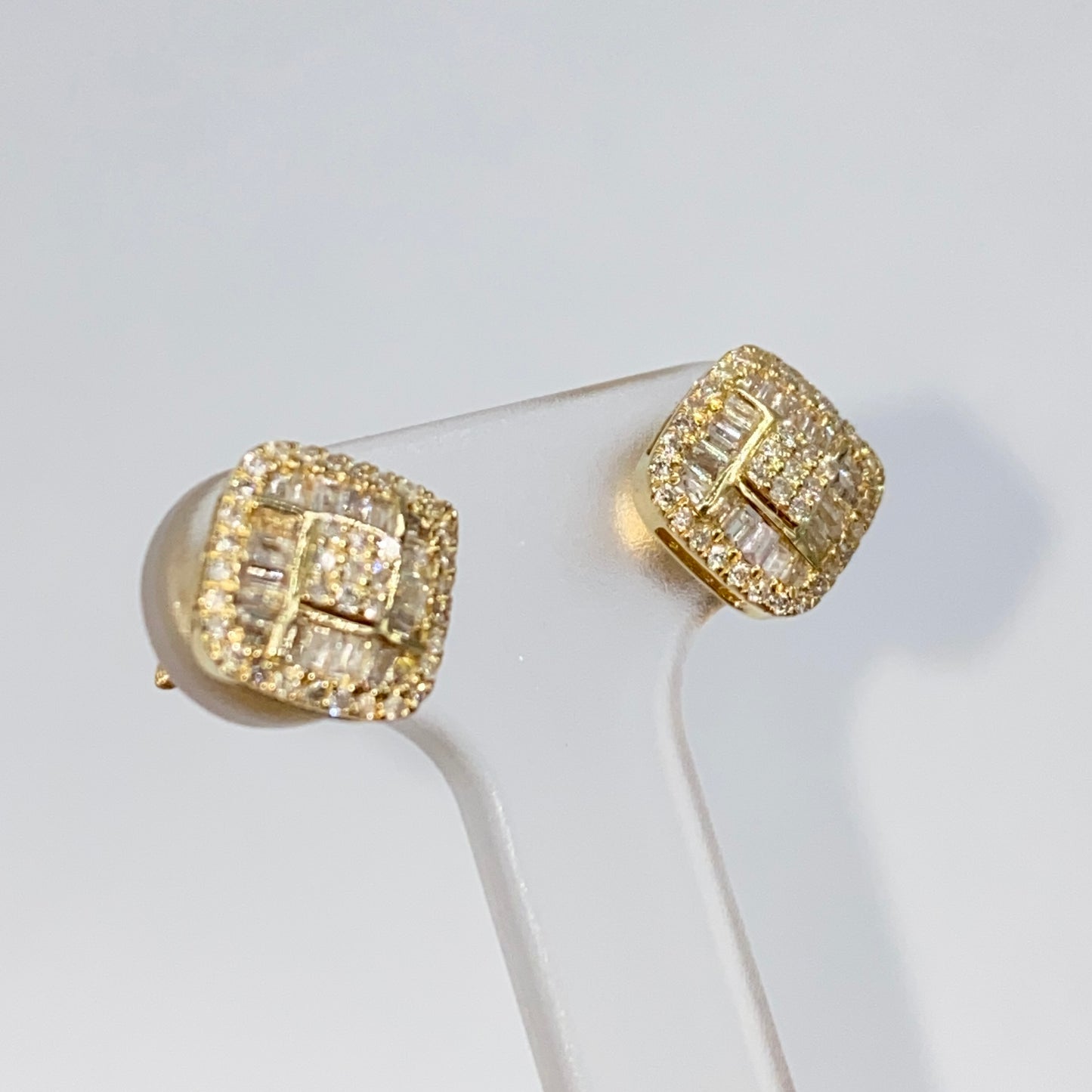 14K 8MM Rounded Square Diamond Baguette Earrings