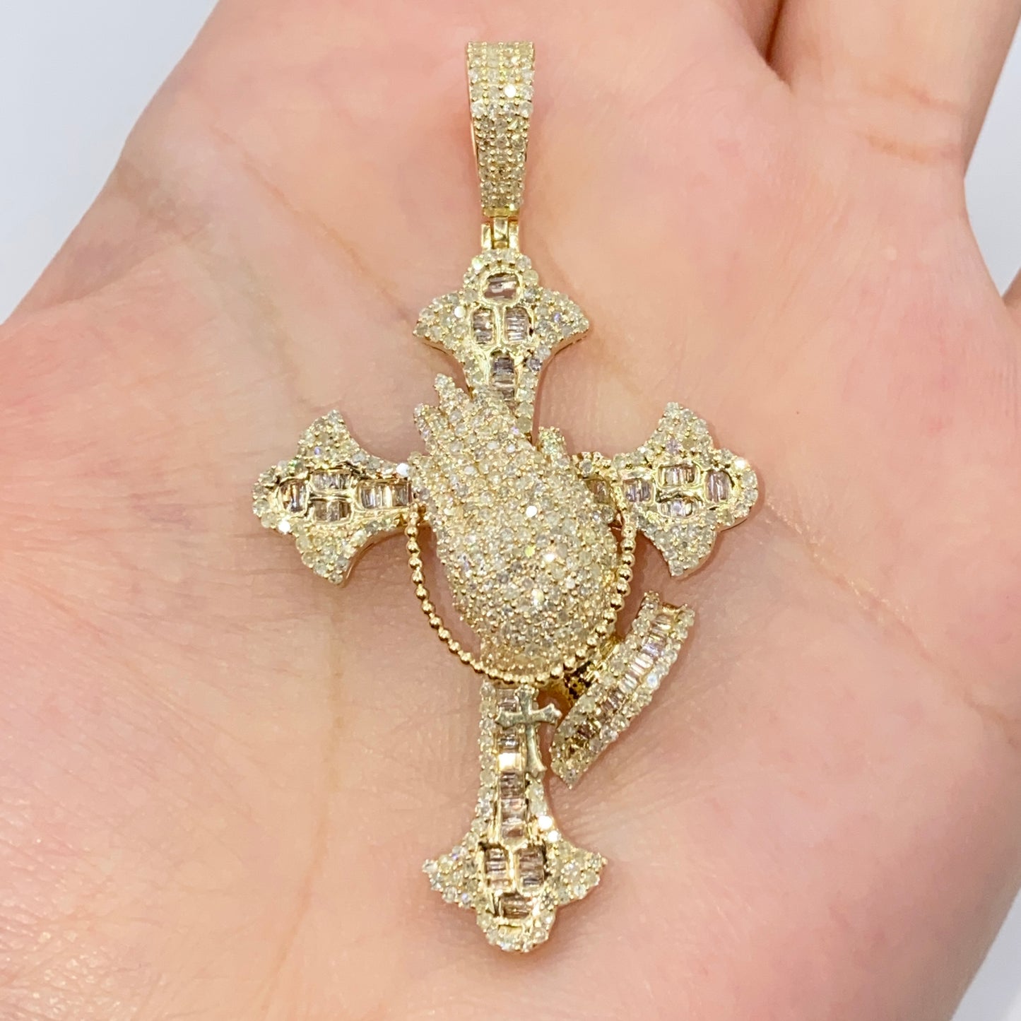 10K Prayer Cross Diamond Baguette Pendant