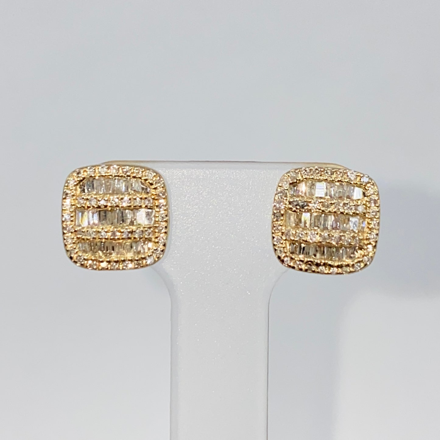 14K 8.7MM Rounded Square Baguette Diamond Earrings