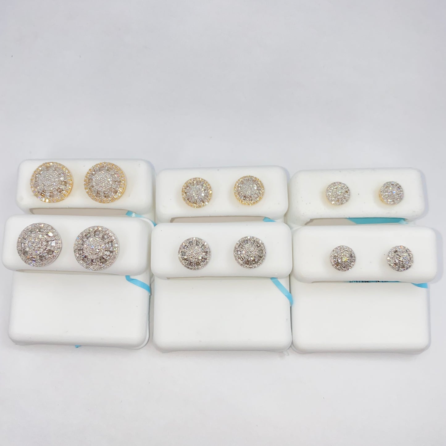 14K Circle Cake Halo Diamond Baguette Earrings