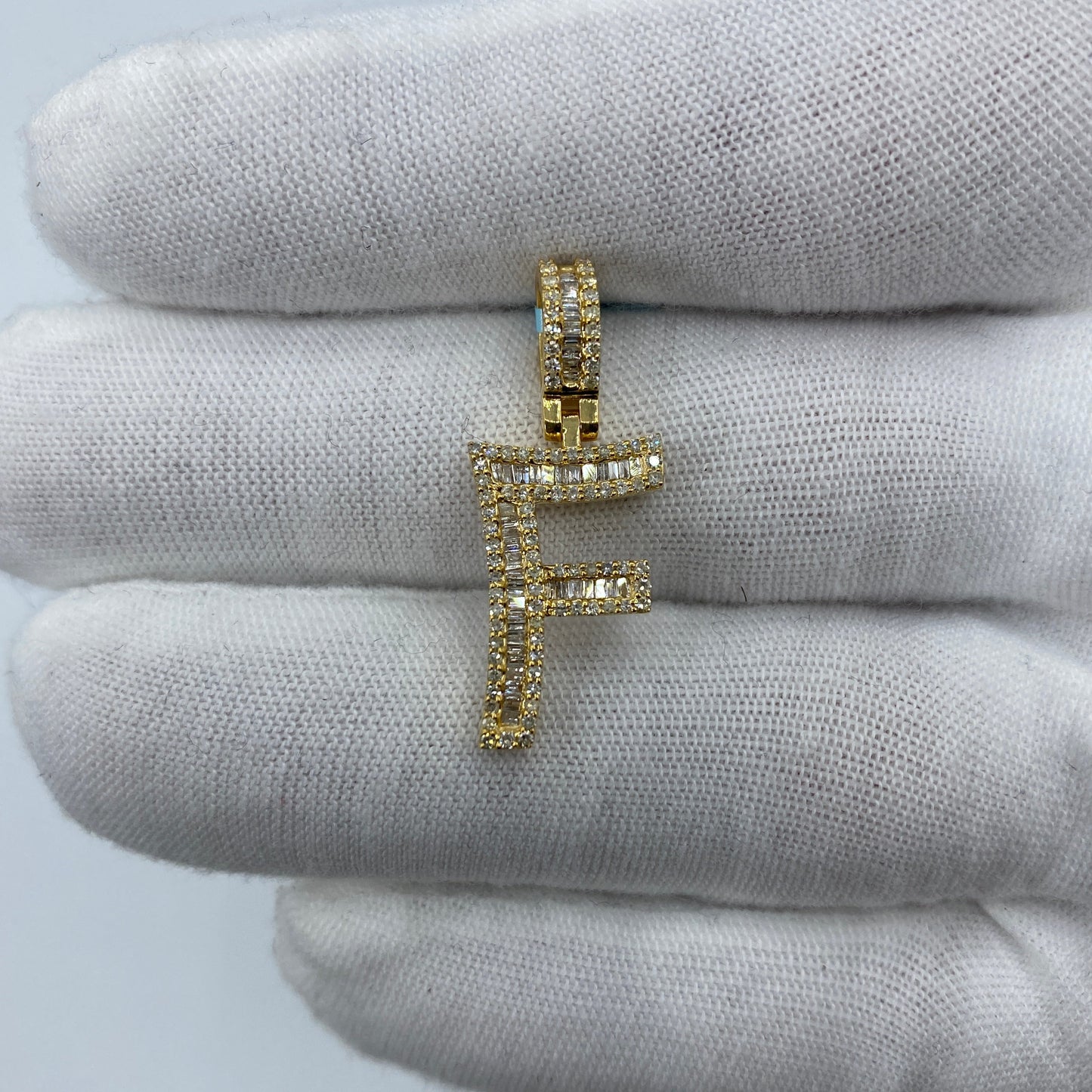 14K Initial F Diamond Baguette Pendant