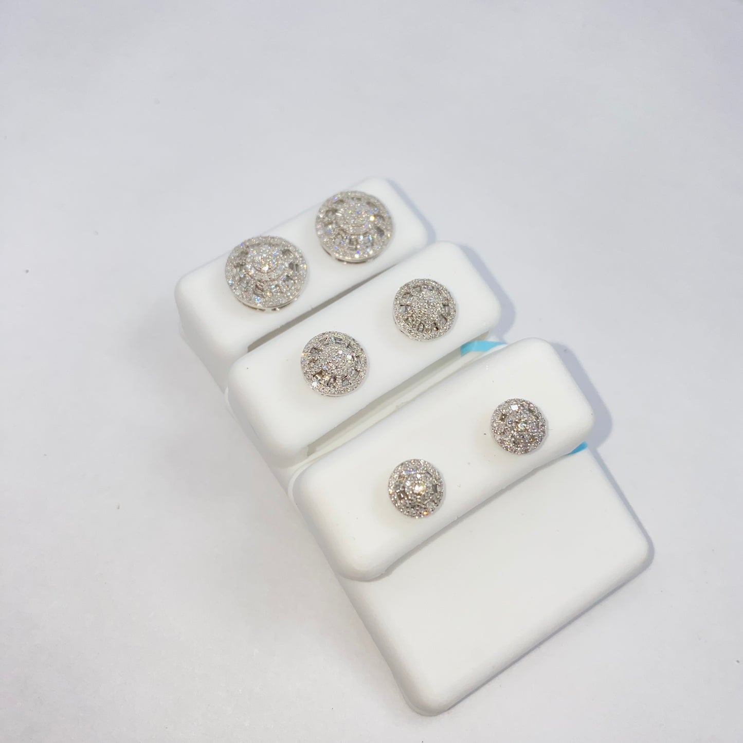 14K Circle Cake Halo Diamond Baguette Earrings