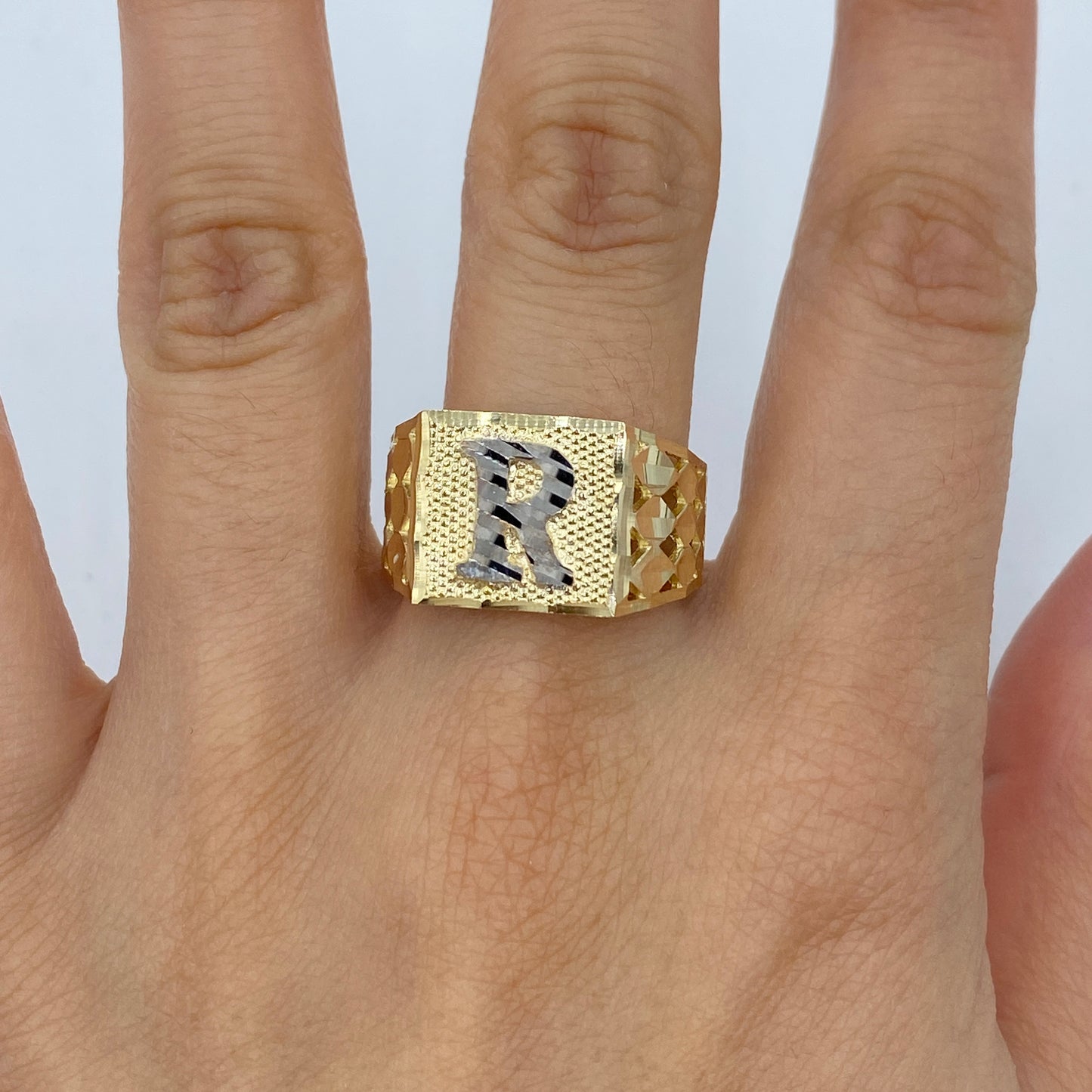 10K Initial Letter Square Block Ring
