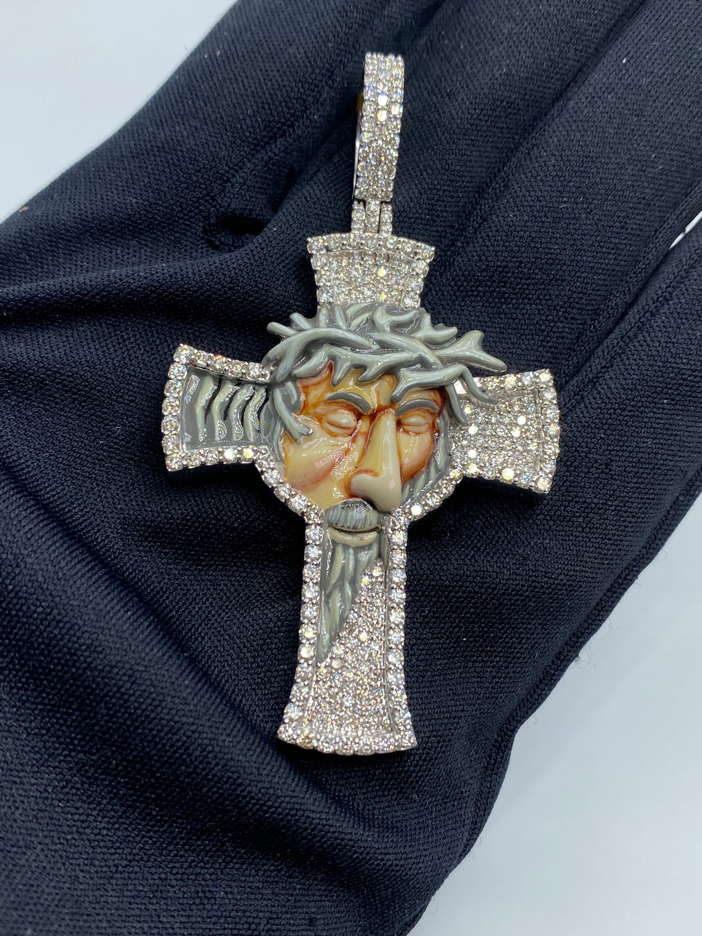 10K Jesus Cross Enamel Diamond Pendant 3.7ct