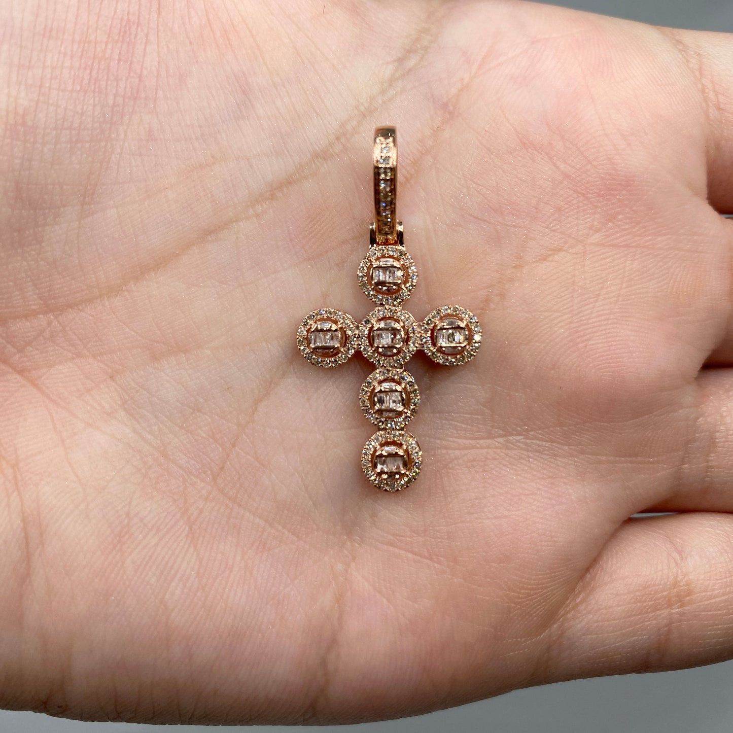 14K Cross Circle Diamond Baguette Pendant