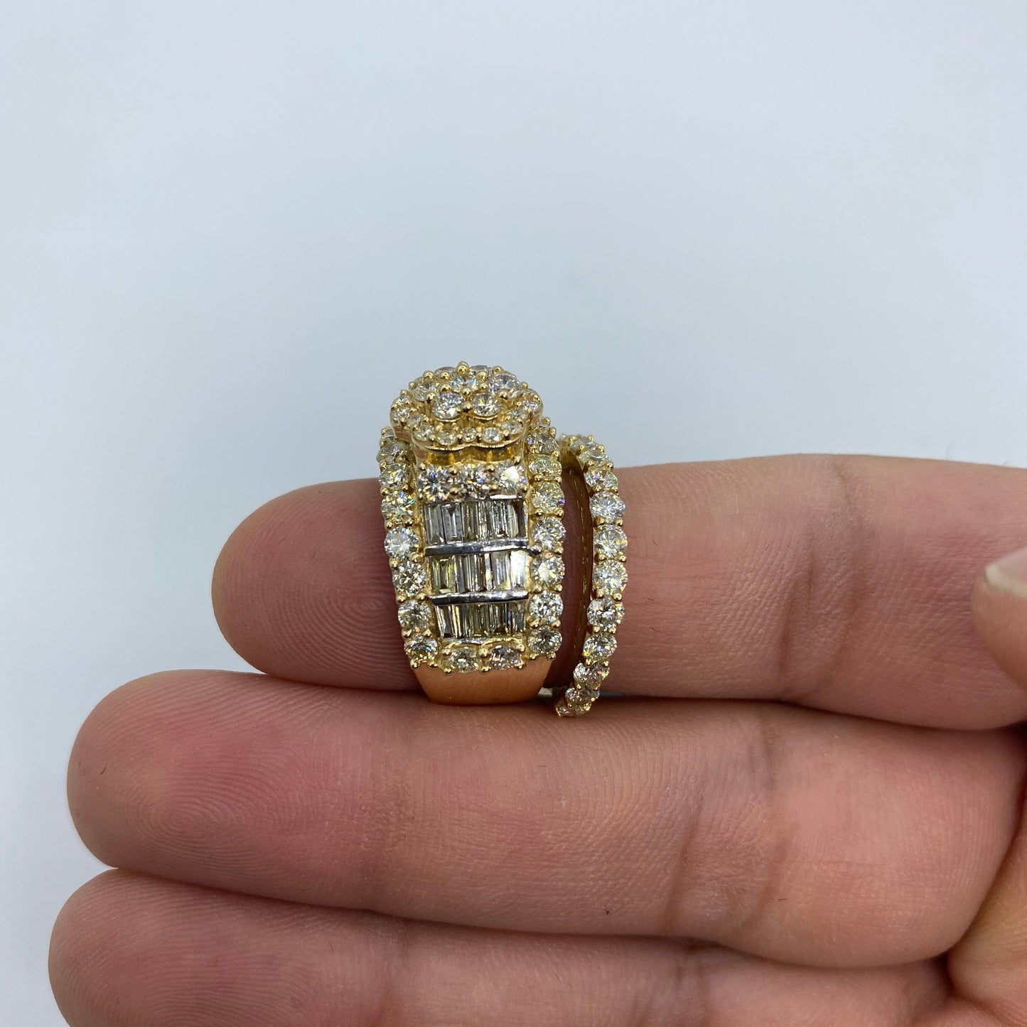 14K Floral Tower Diamond Ring With Matching Band