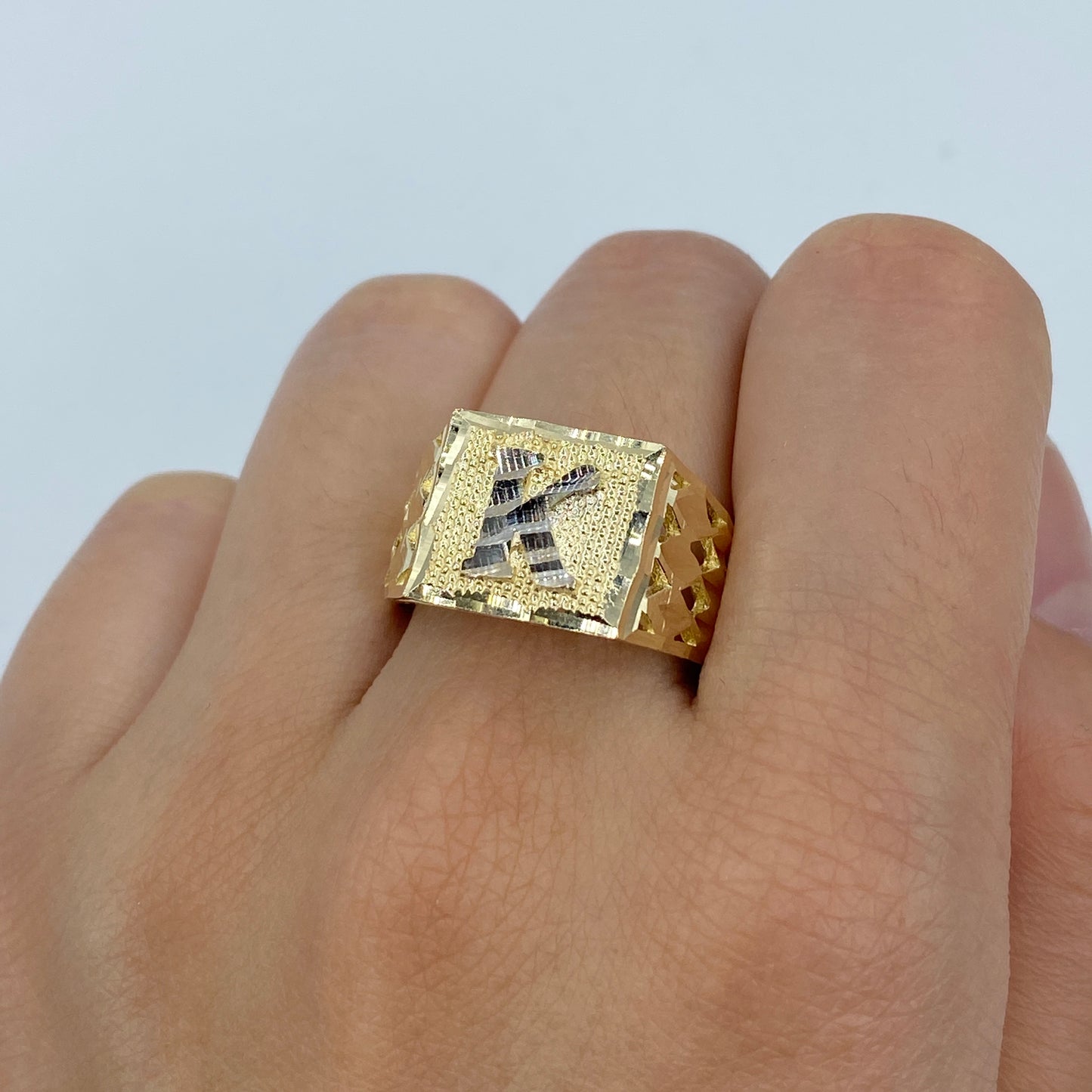 10K Initial Letter Square Block Ring